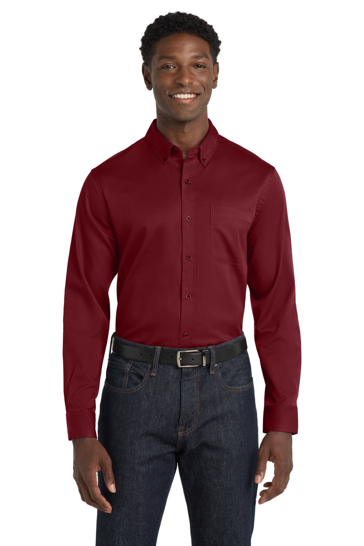 Custom Burgundy Long Sleeve SuperPro React Twill Shirt W808, personalized by SanCanDo Swag in Argyle, TX