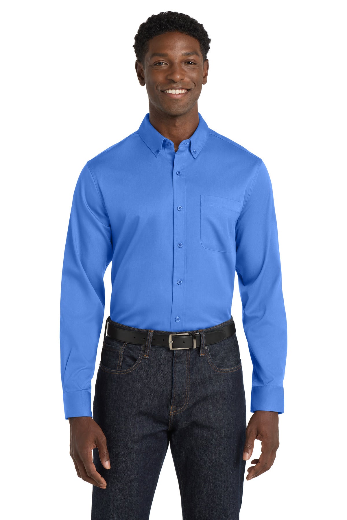 Custom Ultramarine Blue Long Sleeve SuperPro React Twill Shirt W808, personalized by SanCanDo Swag in Argyle, TX