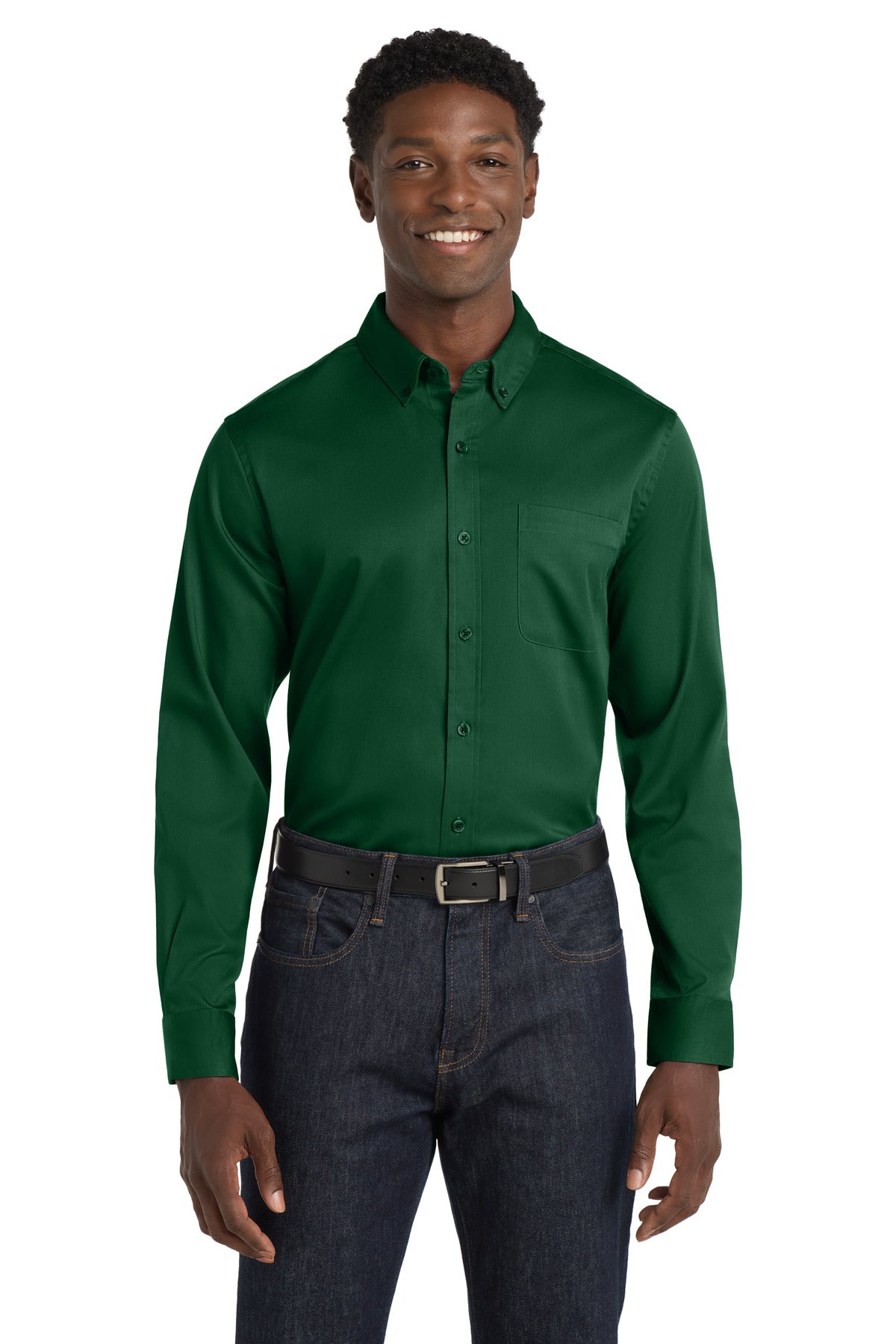 Custom Dark Green Long Sleeve SuperPro React Twill Shirt W808, personalized by SanCanDo Swag in Argyle, TX