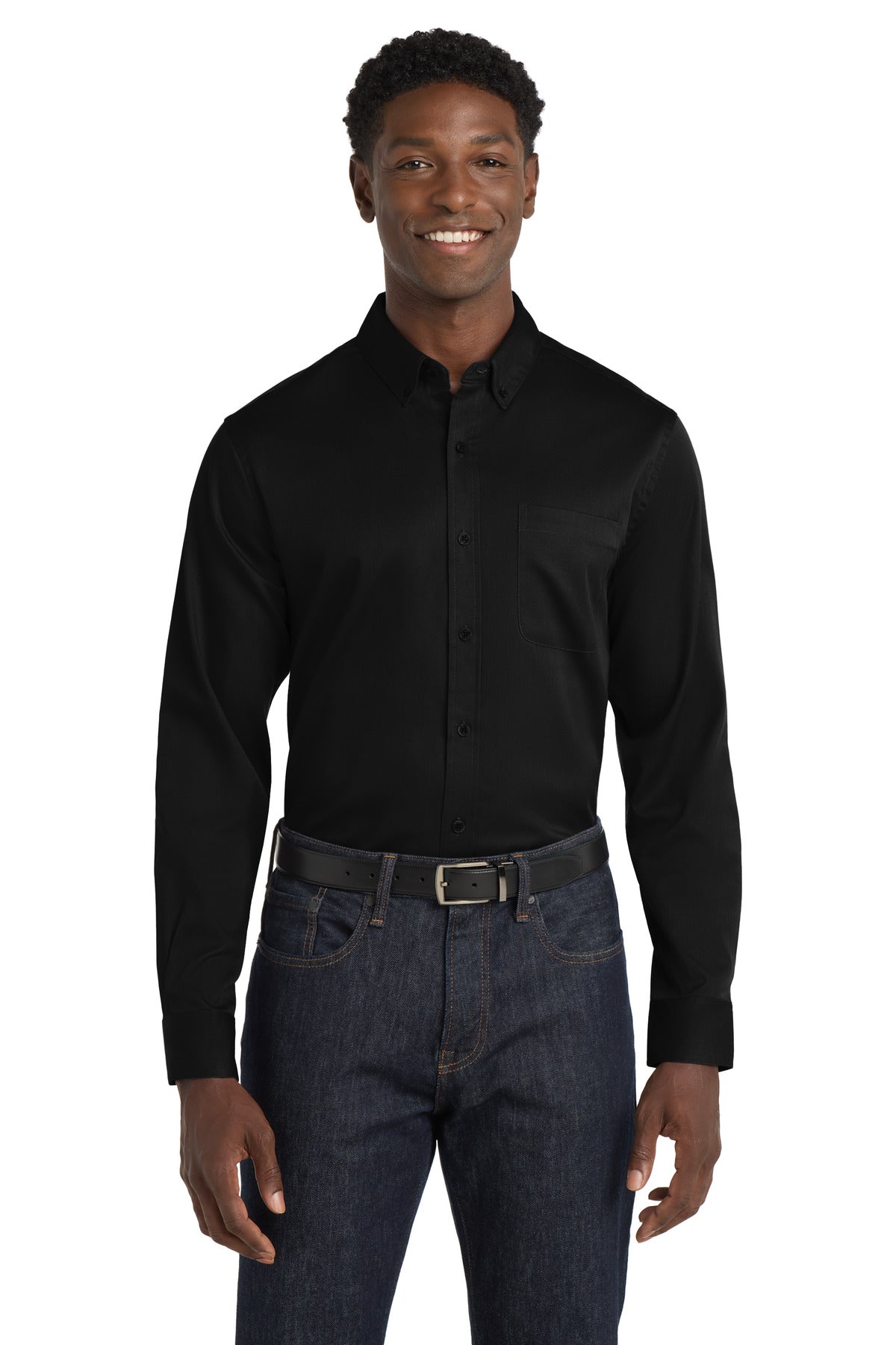 Custom Deep Black Long Sleeve SuperPro React Twill Shirt W808, personalized by SanCanDo Swag in Argyle, TX