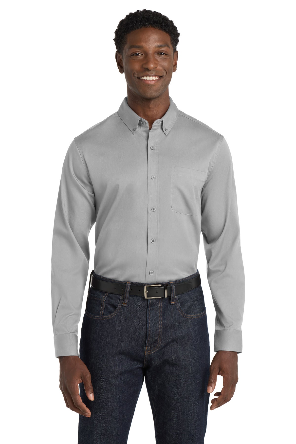 Custom Gusty Grey Long Sleeve SuperPro React Twill Shirt W808, personalized by SanCanDo Swag in Argyle, TX