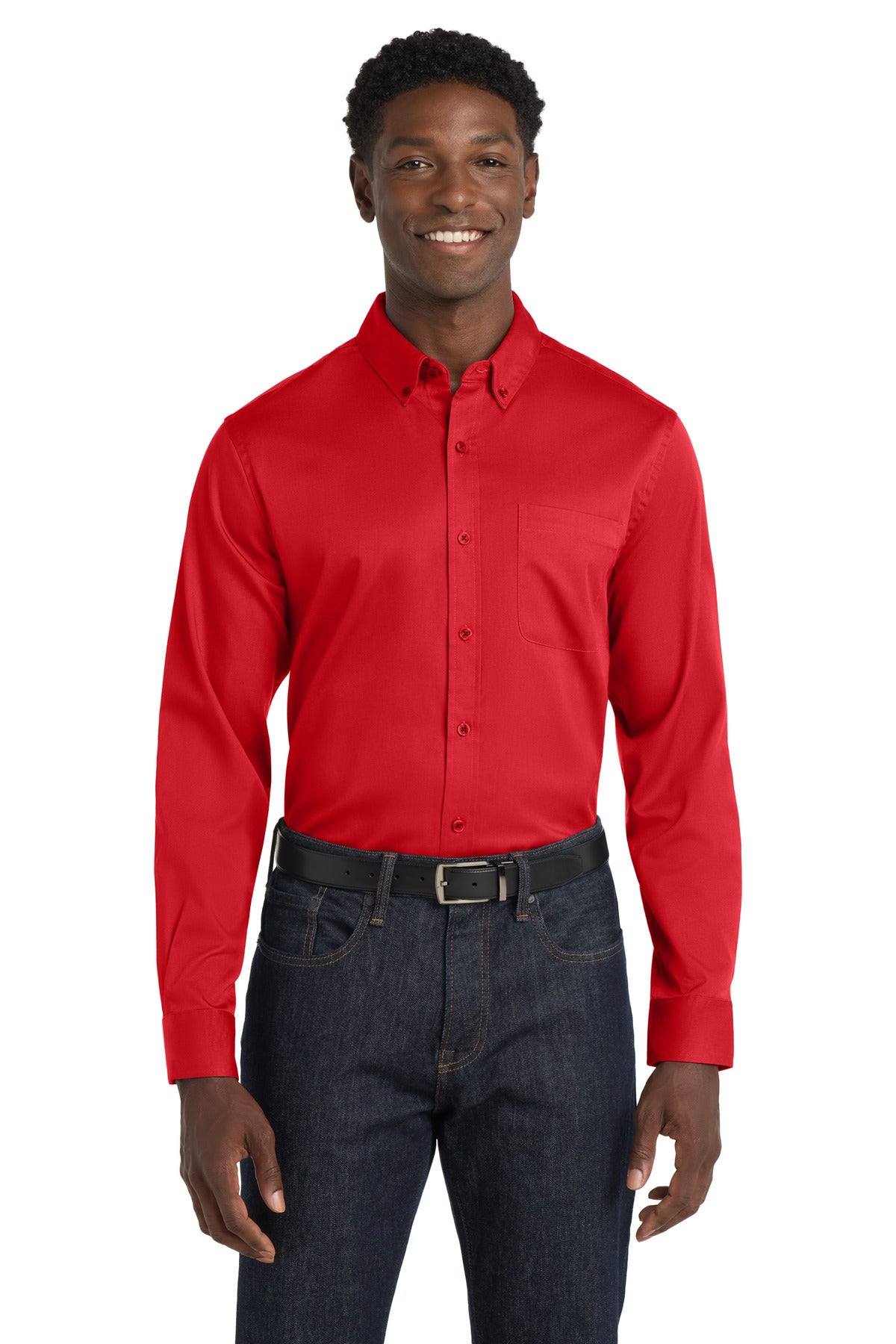 Custom Rich Red Long Sleeve SuperPro React Twill Shirt W808, personalized by SanCanDo Swag in Argyle, TX