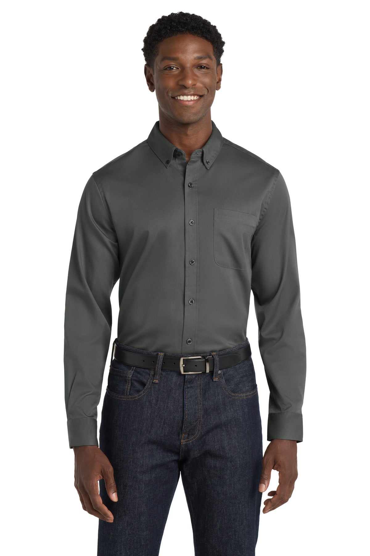 Custom Storm Grey Long Sleeve SuperPro React Twill Shirt W808, personalized by SanCanDo Swag in Argyle, TX