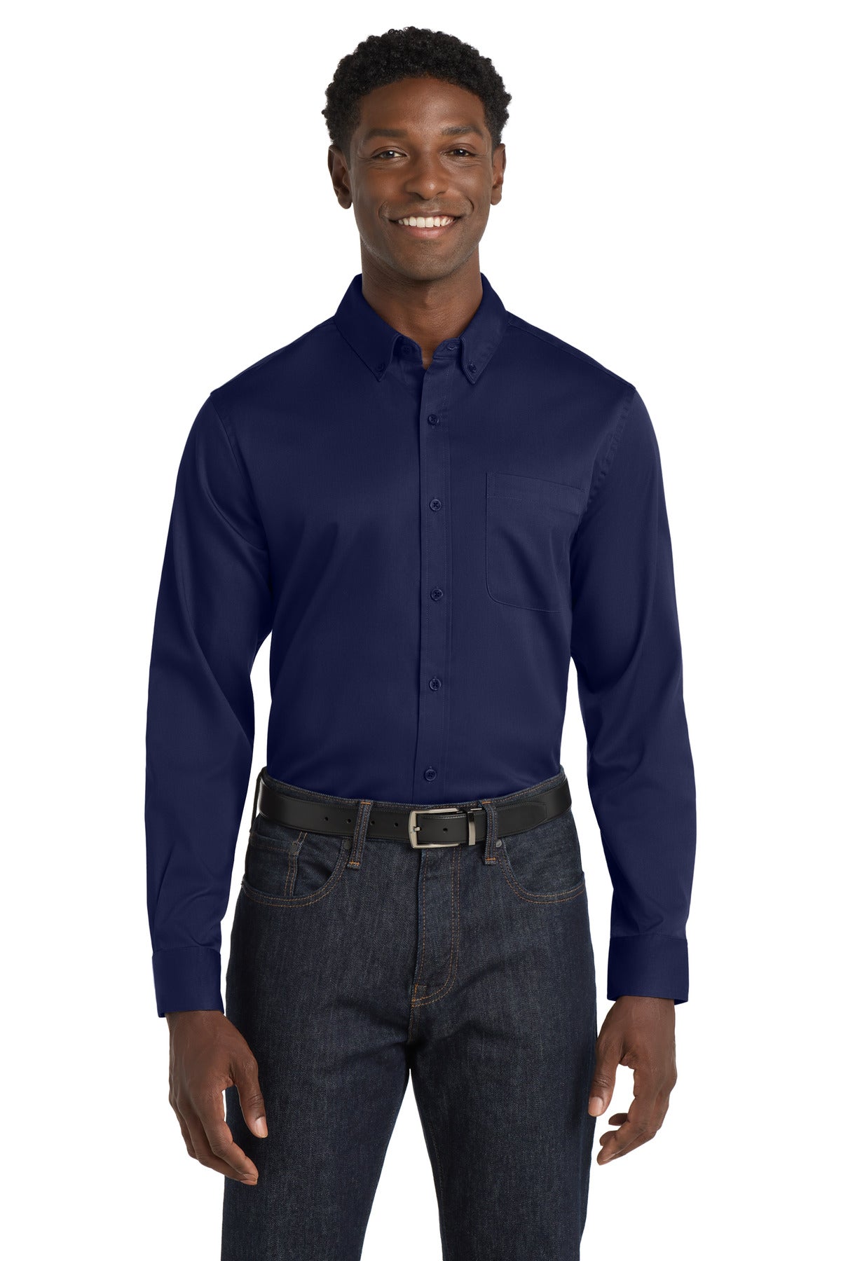 Custom True Navy Long Sleeve SuperPro React Twill Shirt W808, personalized by SanCanDo Swag in Argyle, TX