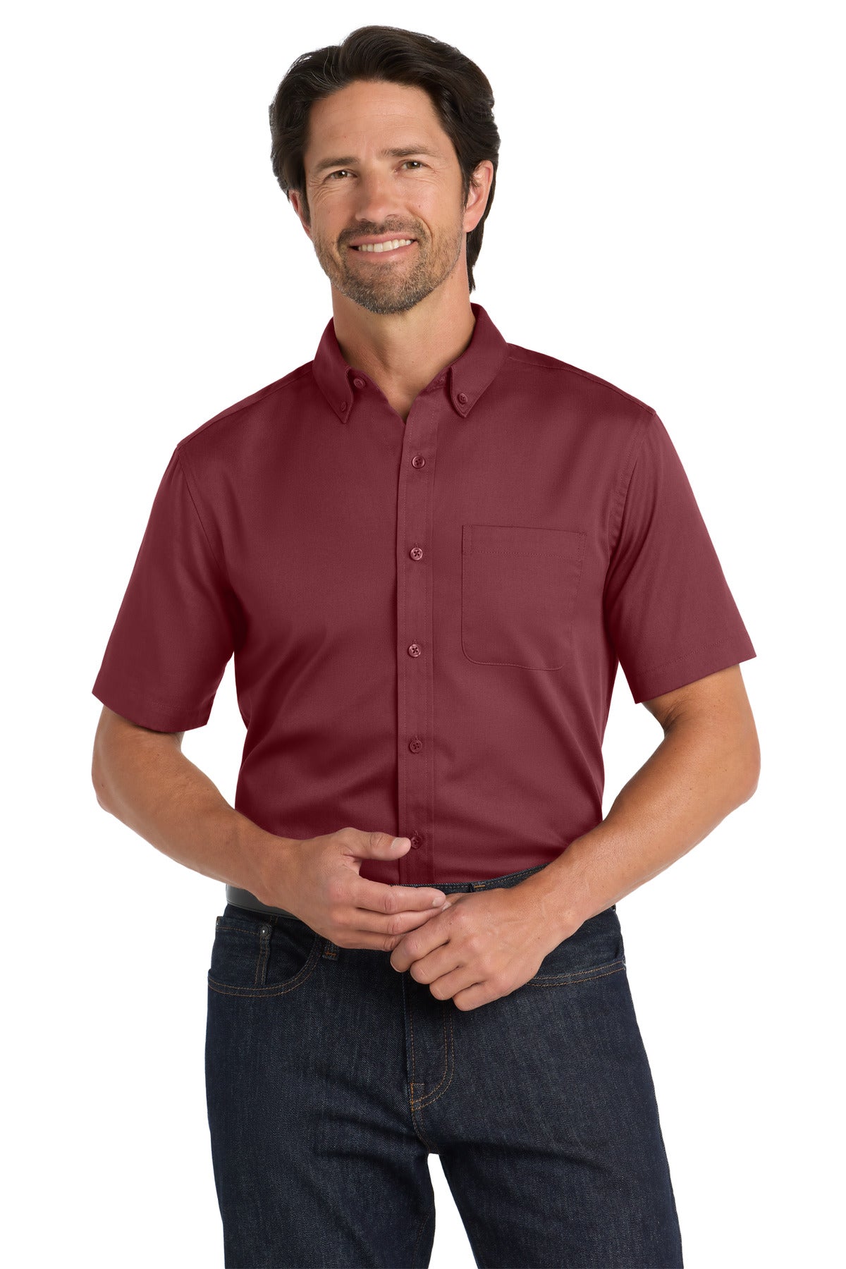Custom Burgundy Short Sleeve SuperPro React Twill Shirt W809, personalized by SanCanDo Swag in Argyle, TX