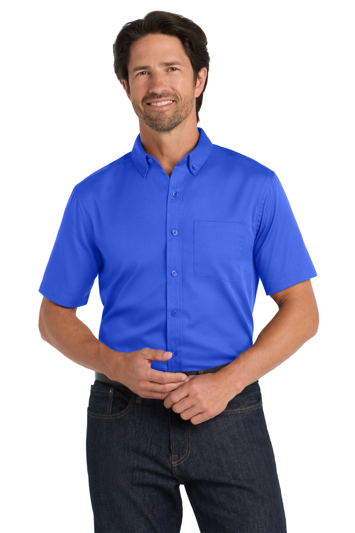 Custom True Royal Short Sleeve SuperPro React Twill Shirt W809, personalized by SanCanDo Swag in Argyle, TX
