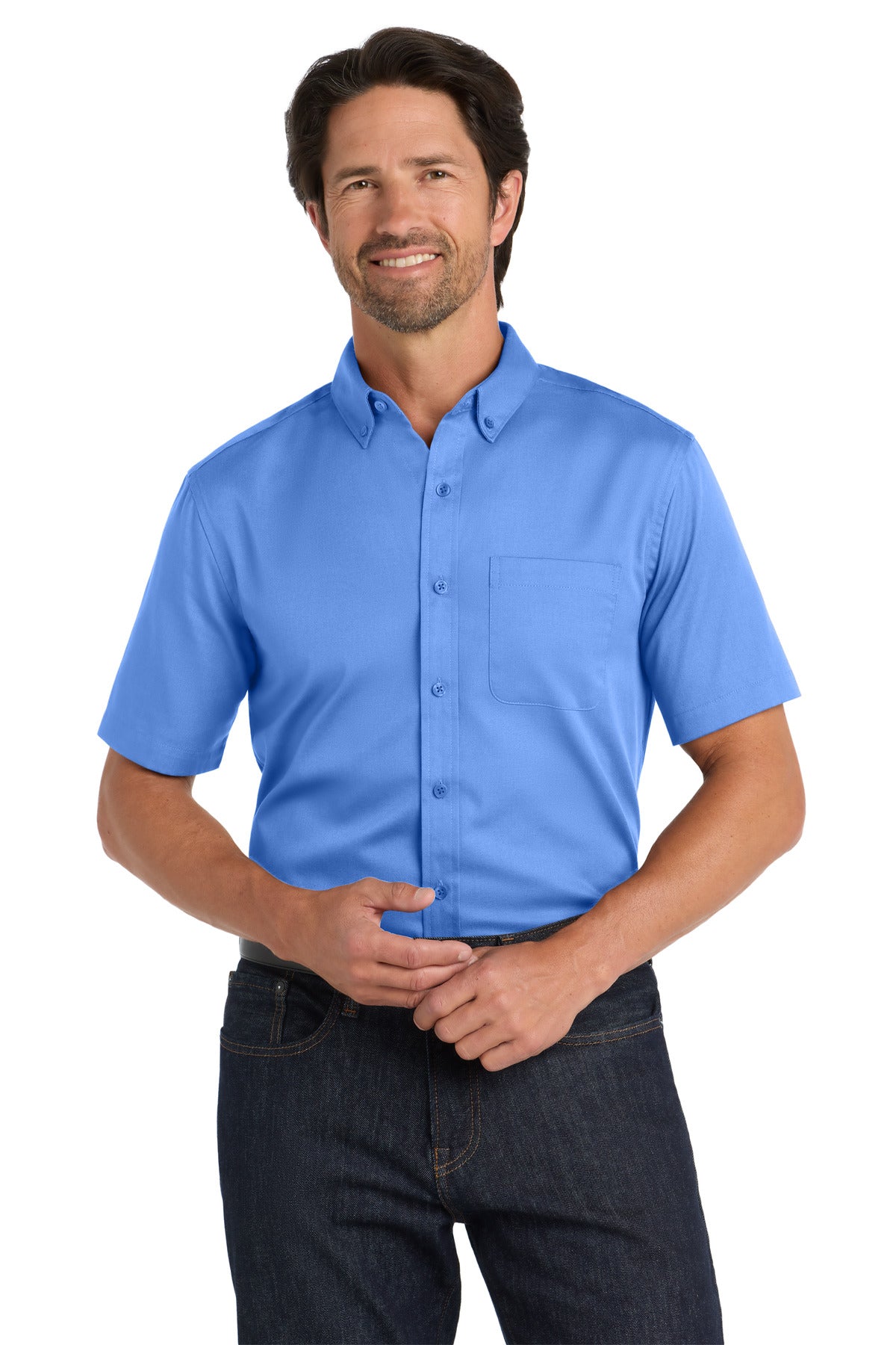 Custom Ultramarine Blue Short Sleeve SuperPro React Twill Shirt W809, personalized by SanCanDo Swag in Argyle, TX