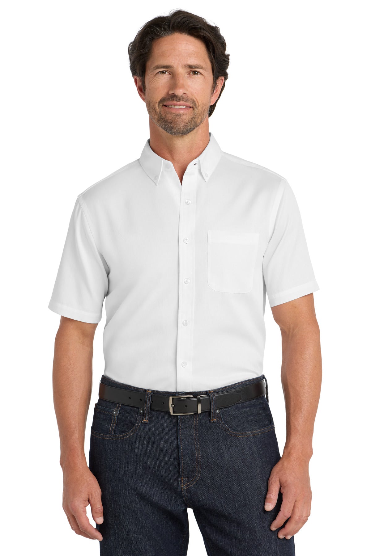Custom White Short Sleeve SuperPro React Twill Shirt W809, personalized by SanCanDo Swag in Argyle, TX