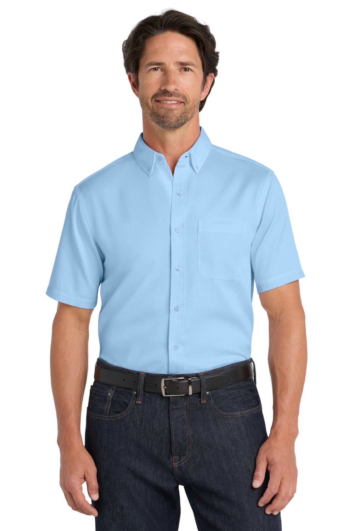 Custom Cloud Blue Short Sleeve SuperPro React Twill Shirt W809, personalized by SanCanDo Swag in Argyle, TX