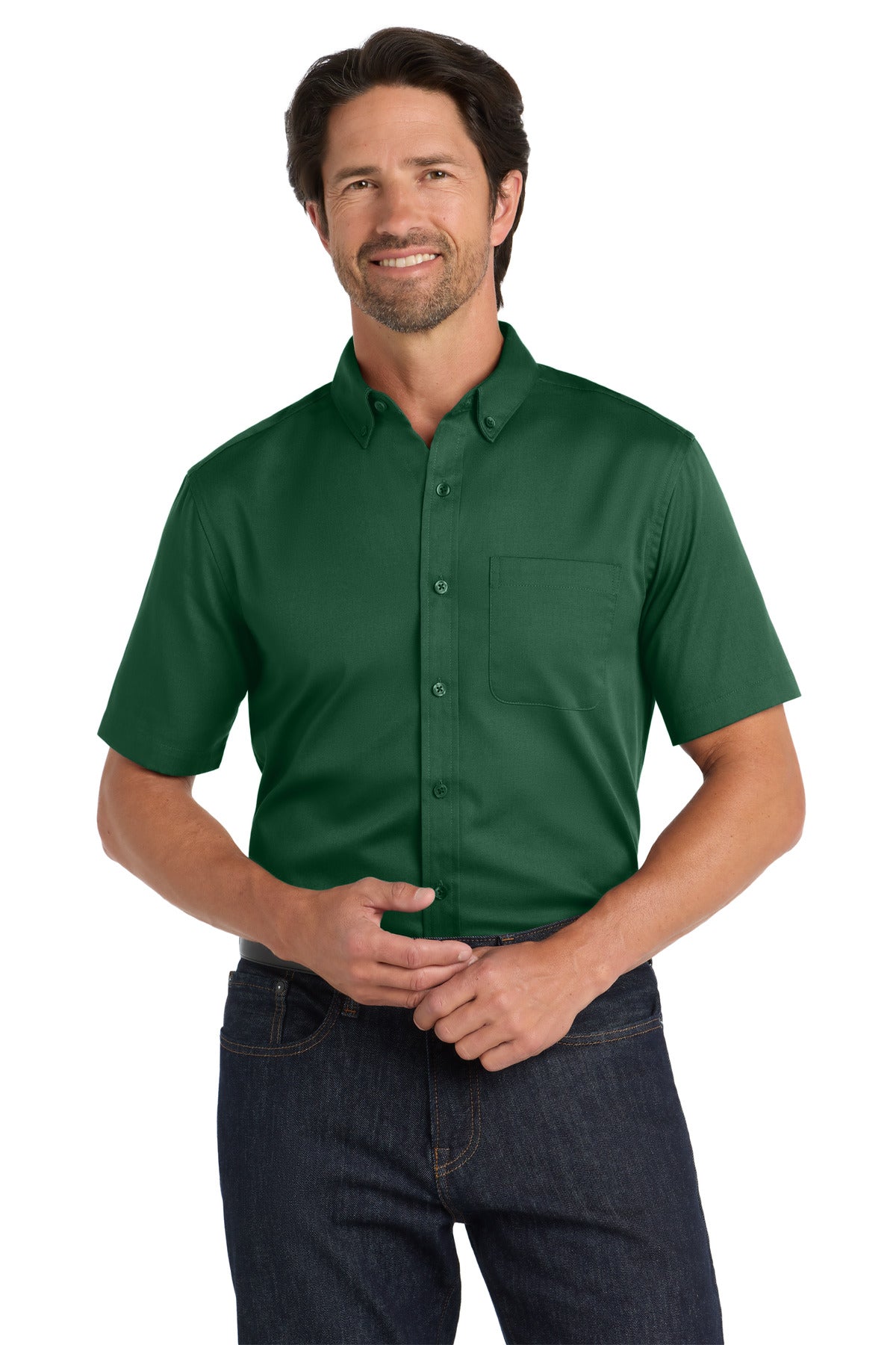 Custom Dark Green Short Sleeve SuperPro React Twill Shirt W809, personalized by SanCanDo Swag in Argyle, TX