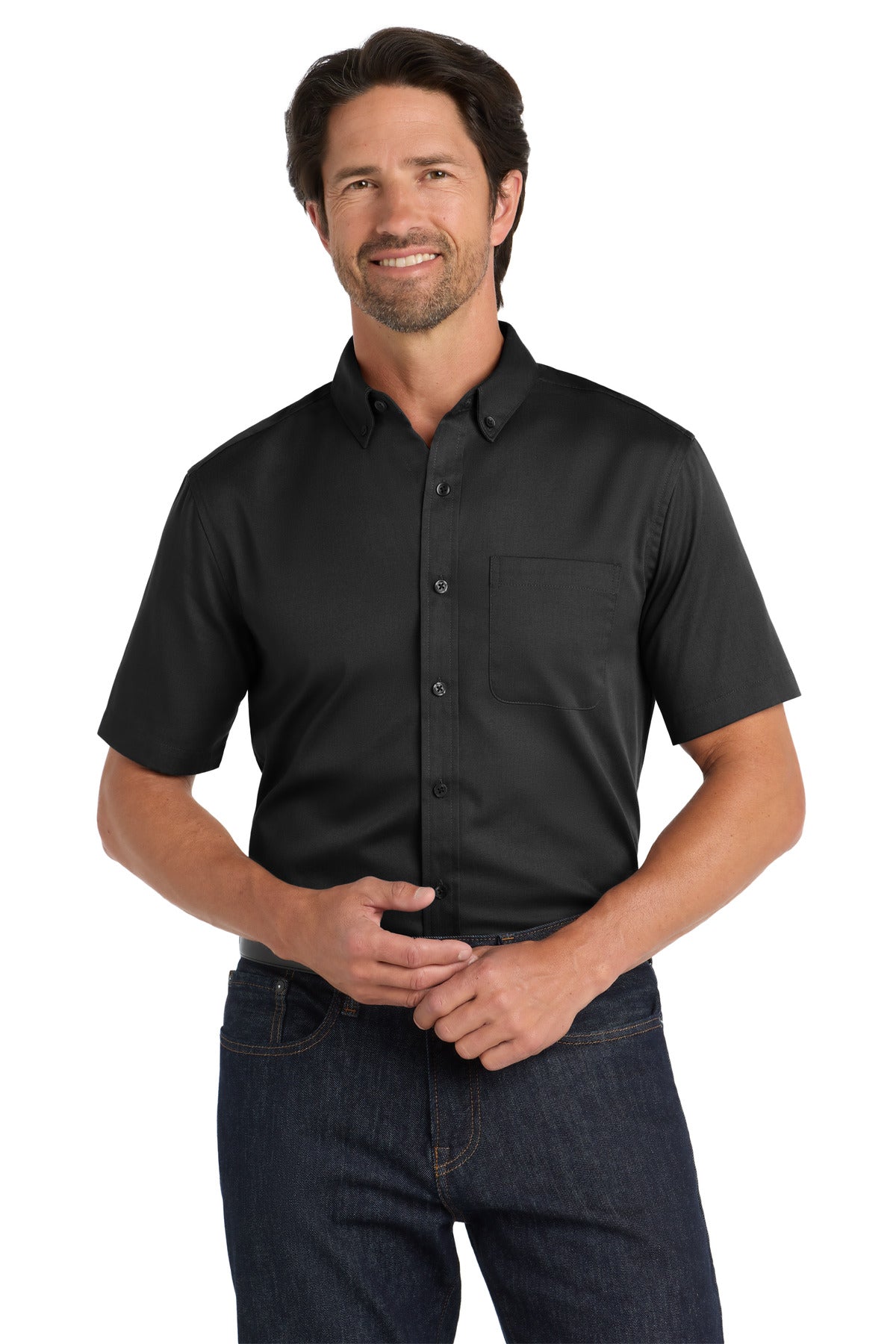 Custom Deep Black Short Sleeve SuperPro React Twill Shirt W809, personalized by SanCanDo Swag in Argyle, TX