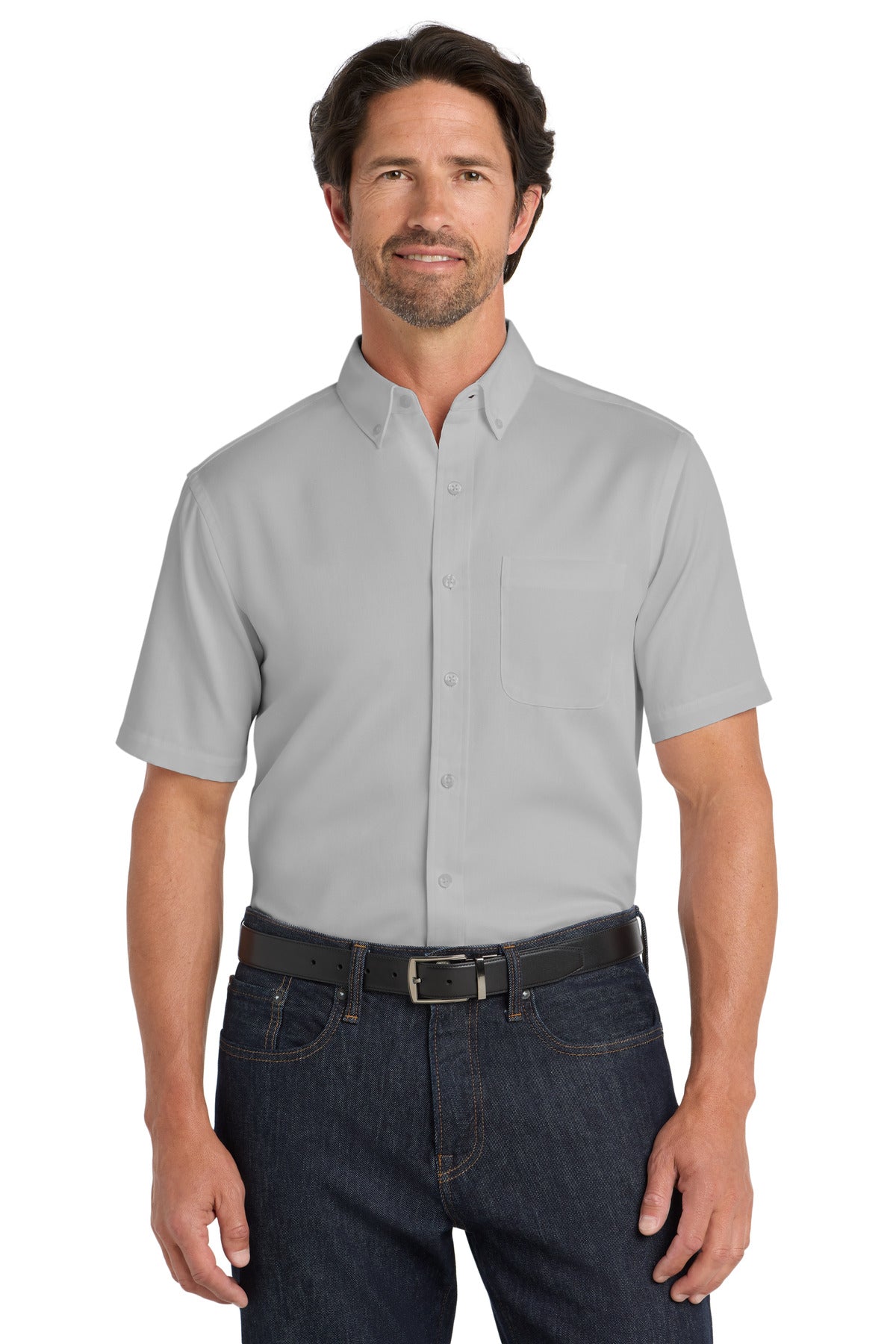 Custom Gusty Grey Short Sleeve SuperPro React Twill Shirt W809, personalized by SanCanDo Swag in Argyle, TX