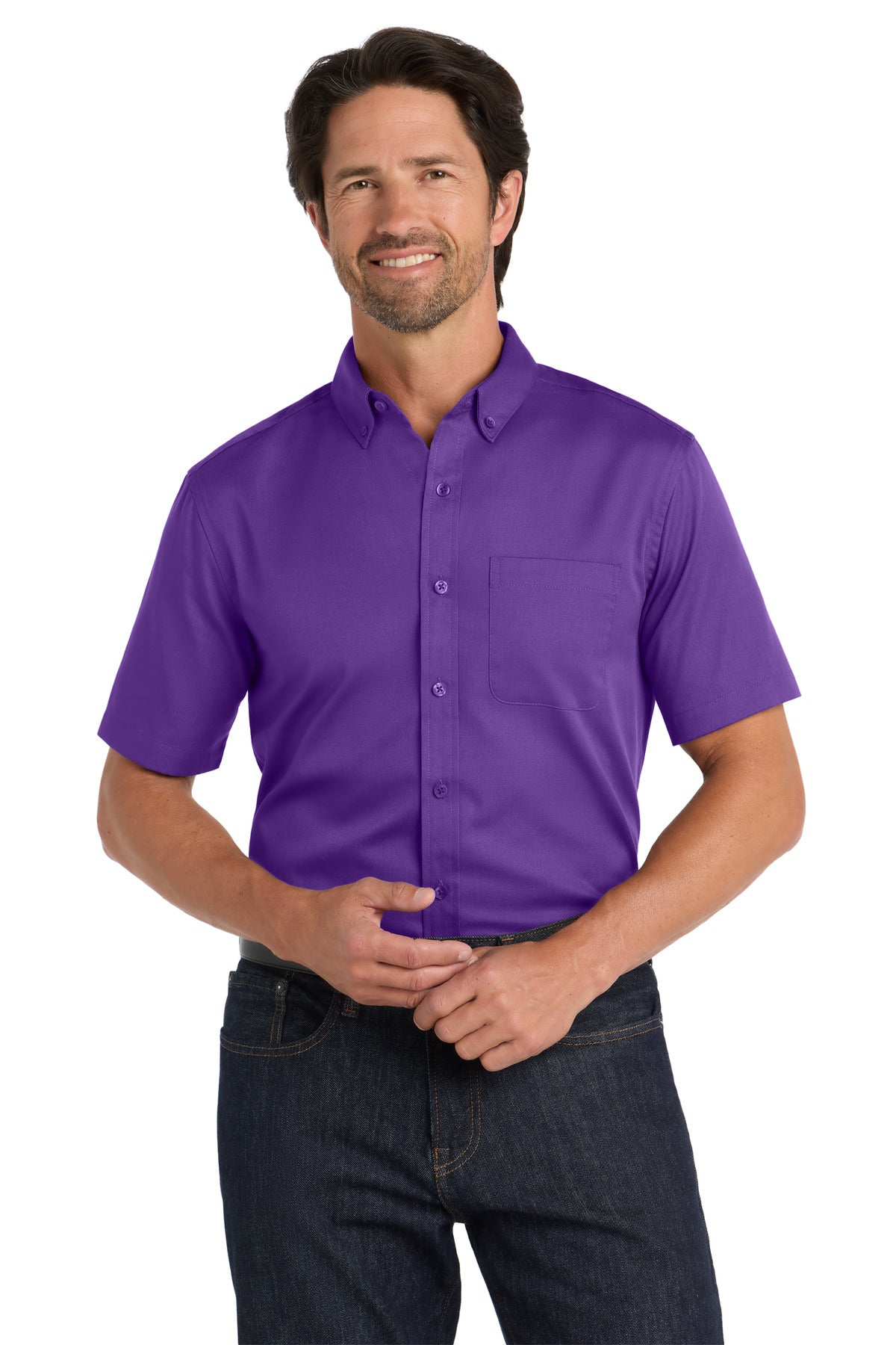 Custom Purple Short Sleeve SuperPro React Twill Shirt W809, personalized by SanCanDo Swag in Argyle, TX