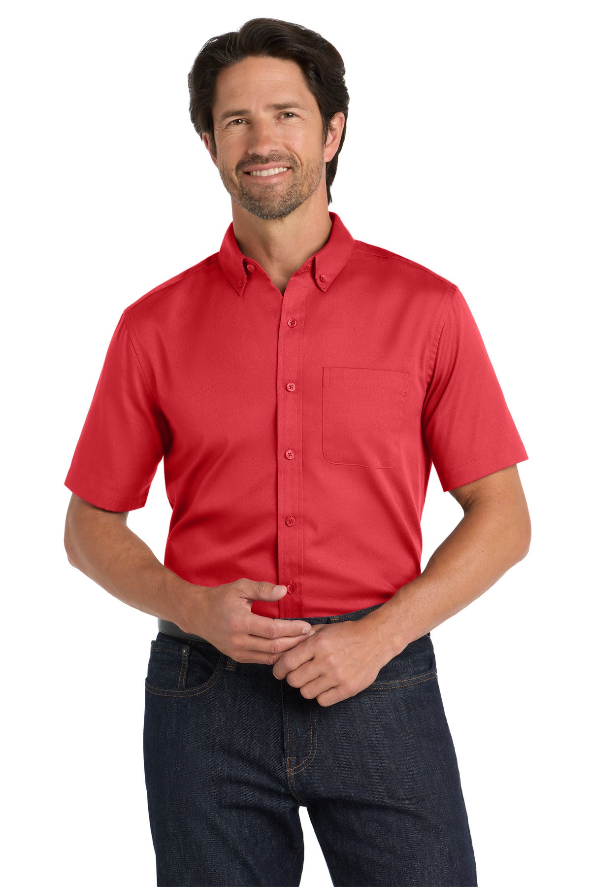 Custom Rich Red Short Sleeve SuperPro React Twill Shirt W809, personalized by SanCanDo Swag in Argyle, TX