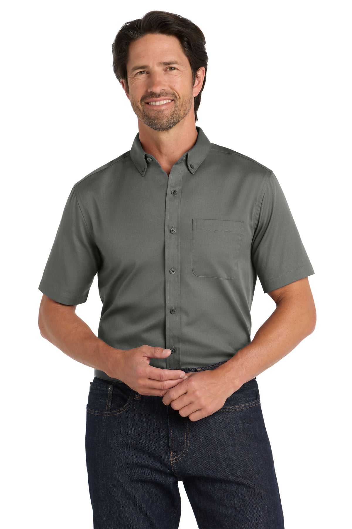 Custom Storm Grey Short Sleeve SuperPro React Twill Shirt W809, personalized by SanCanDo Swag in Argyle, TX