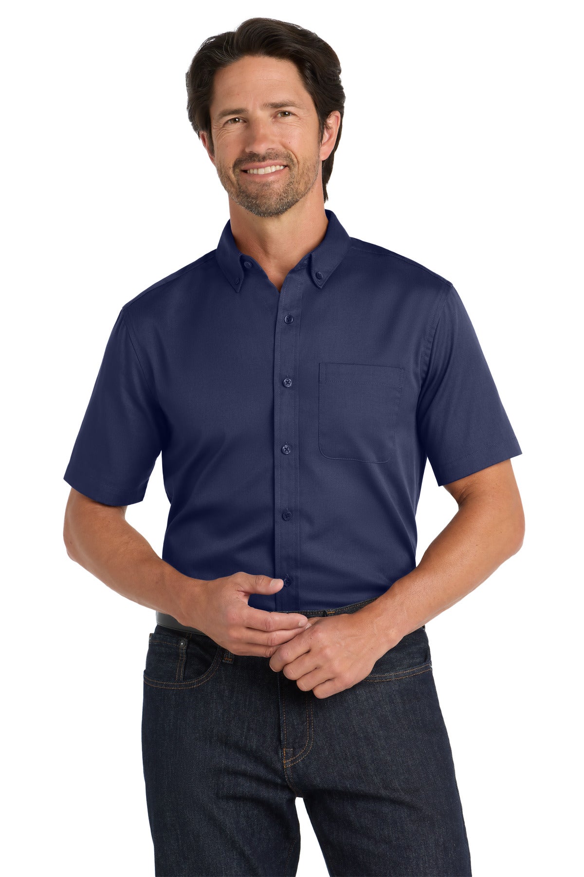 Custom True Navy Short Sleeve SuperPro React Twill Shirt W809, personalized by SanCanDo Swag in Argyle, TX