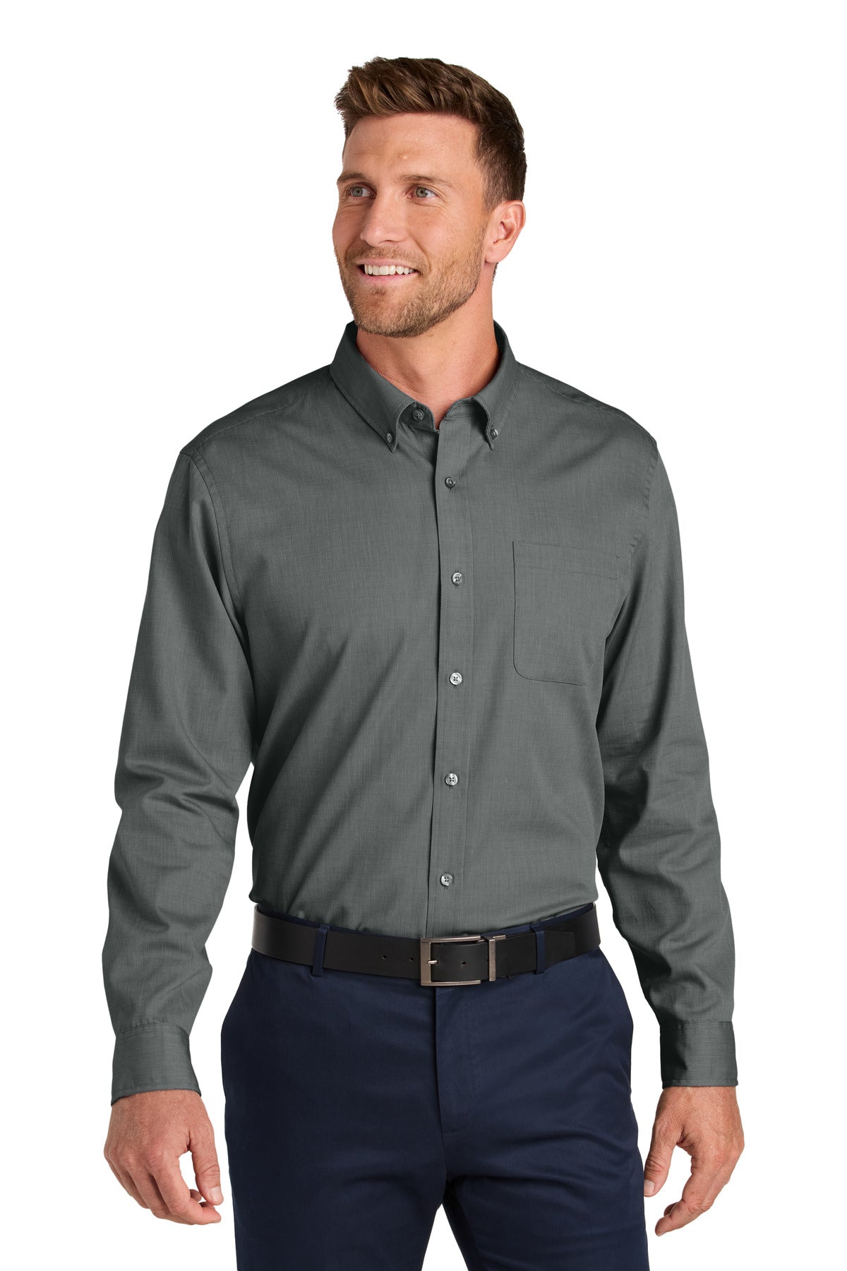 Custom Deep Black Long Sleeve Nailhead Easy Care Shirt W816, personalized by SanCanDo Swag in Argyle, TX