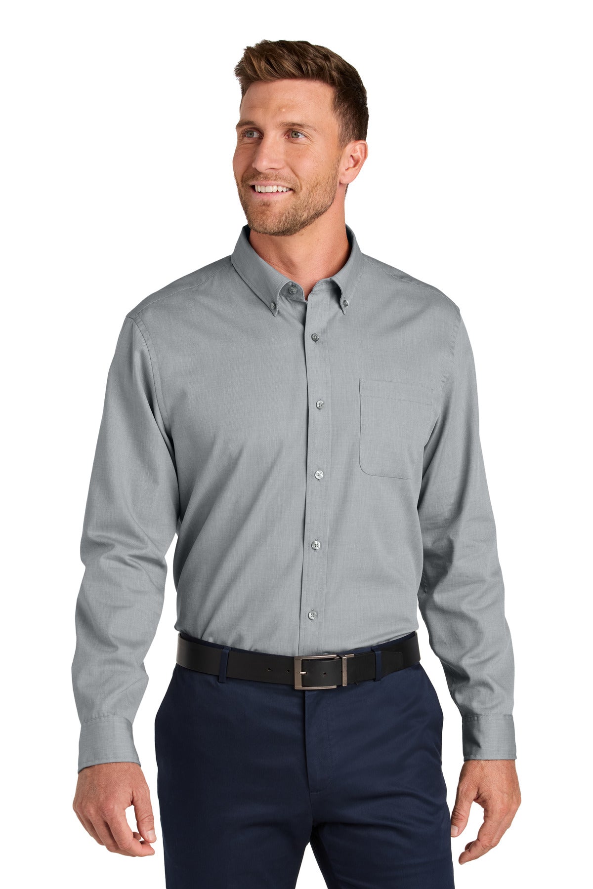 Custom Gusty Grey Long Sleeve Nailhead Easy Care Shirt W816, personalized by SanCanDo Swag in Argyle, TX