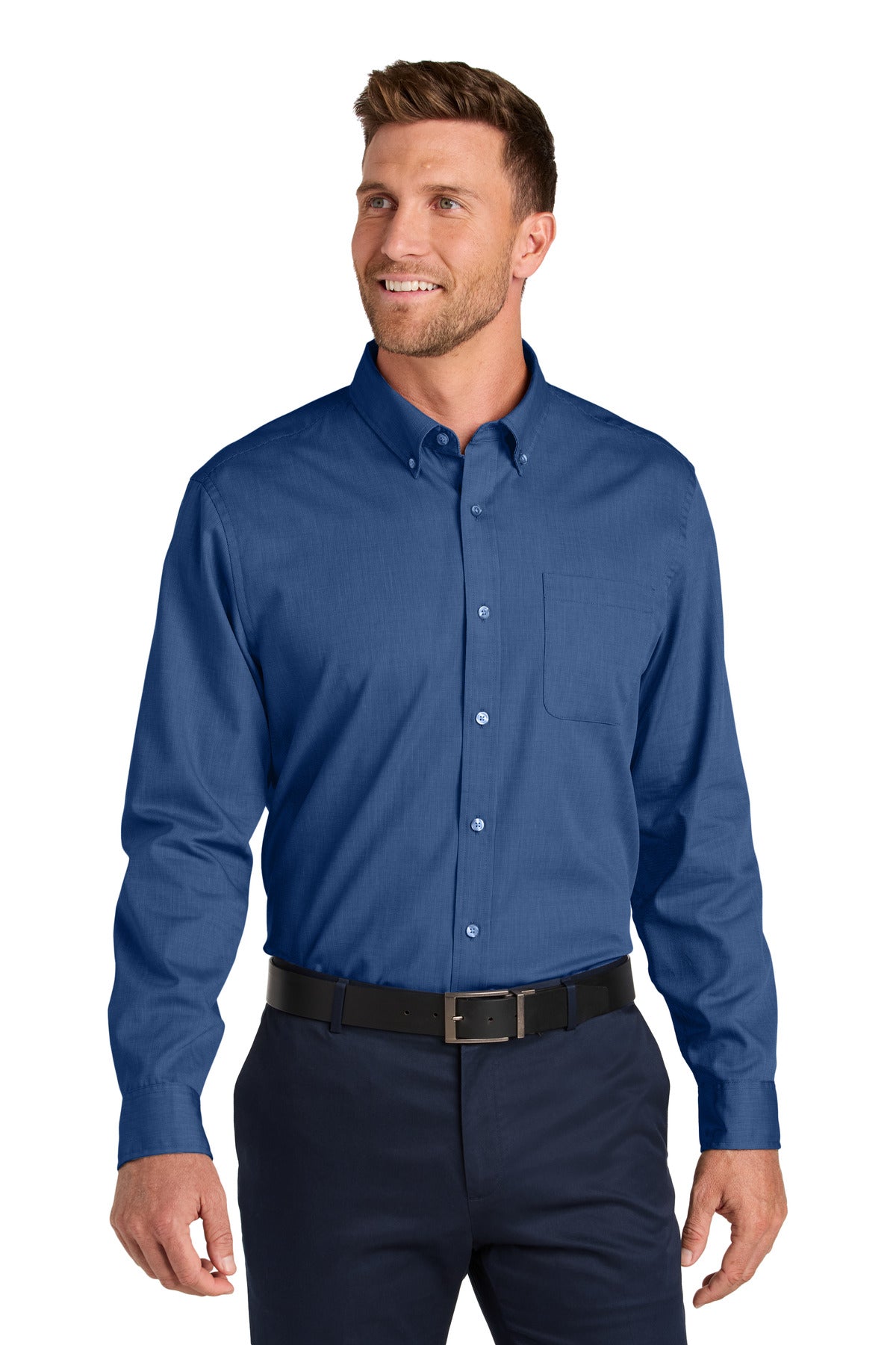 Custom Mediterranean Blue Long Sleeve Nailhead Easy Care Shirt W816, personalized by SanCanDo Swag in Argyle, TX