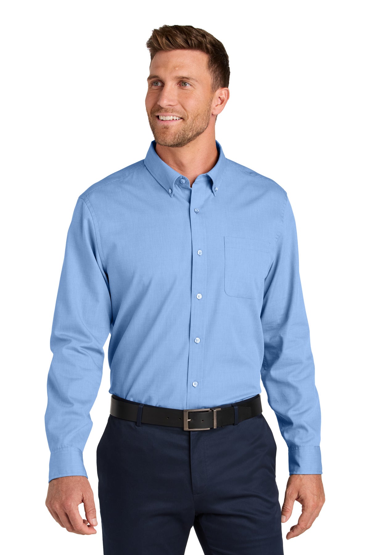 Custom Swiss Blue Long Sleeve Nailhead Easy Care Shirt W816, personalized by SanCanDo Swag in Argyle, TX