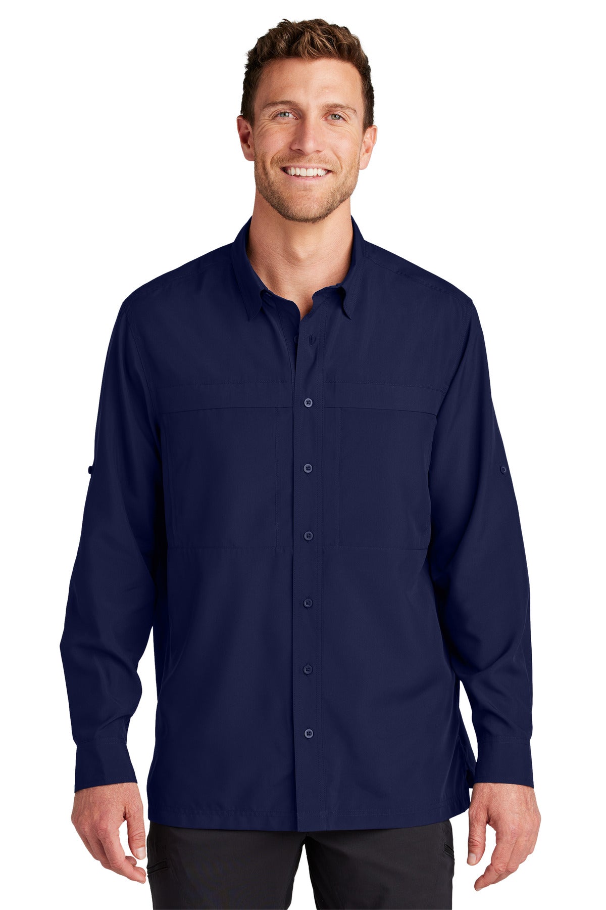 Custom True Navy Long Sleeve UV Daybreak Shirt W960, personalized by SanCanDo Swag in Argyle, TX