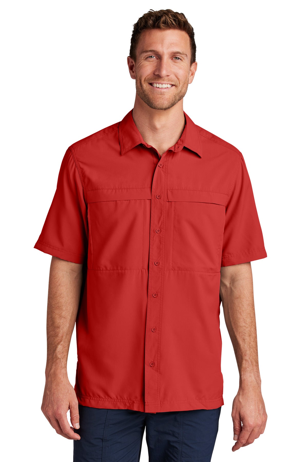Custom Rich Red Short Sleeve UV Daybreak Shirt W961, personalized by SanCanDo Swag in Argyle, TX
