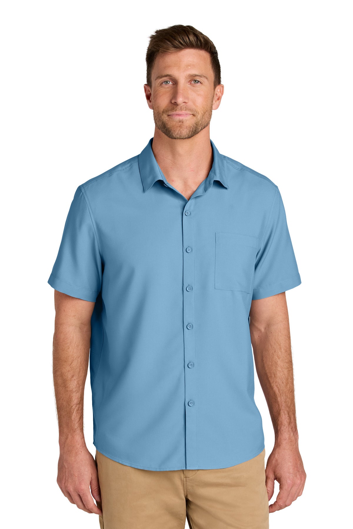 Custom Carolina Blue Short Sleeve UV Dockside Shirt W963, personalized by SanCanDo Swag in Argyle, TX