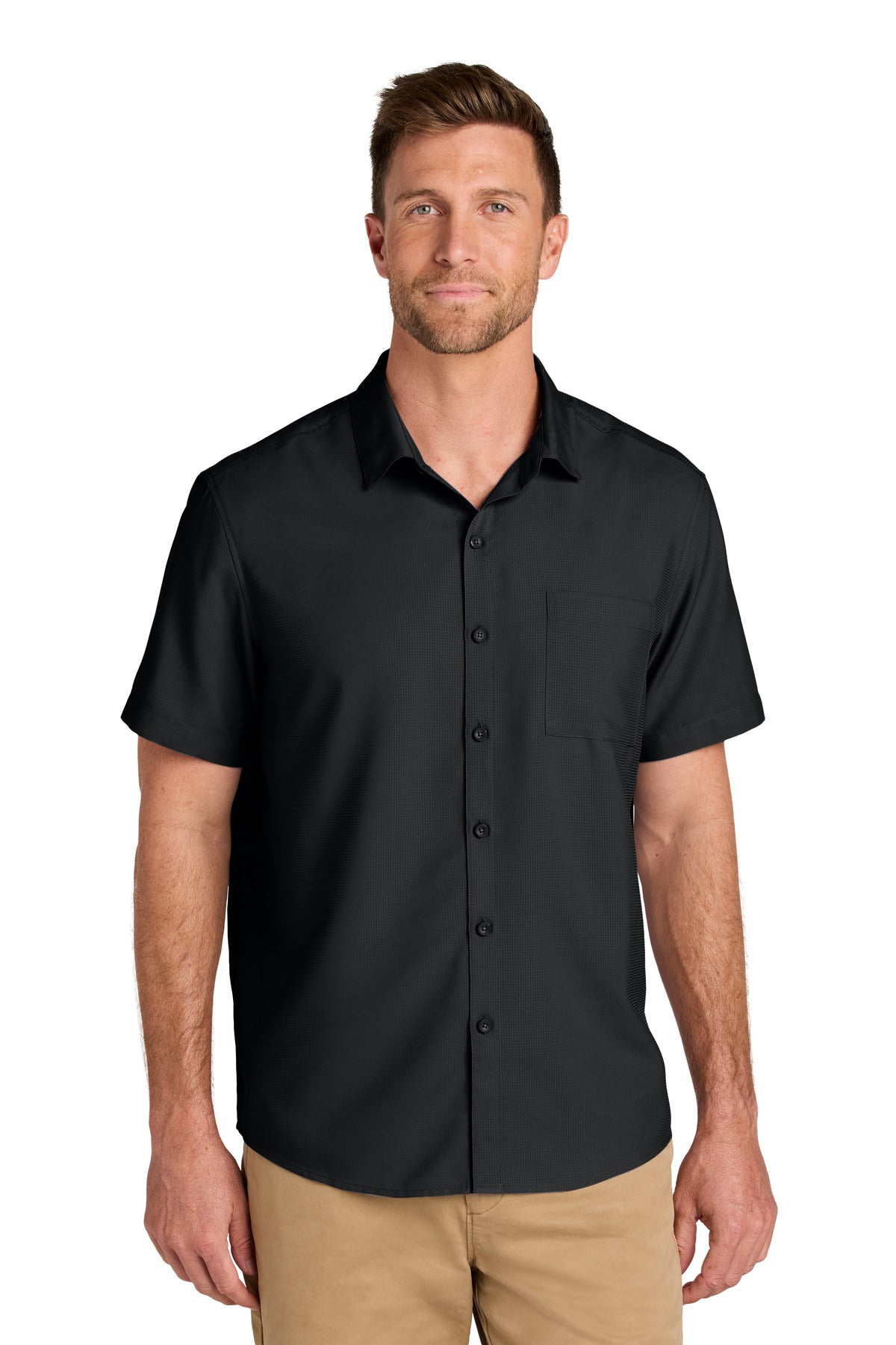 Custom Deep Black Short Sleeve UV Dockside Shirt W963, personalized by SanCanDo Swag in Argyle, TX