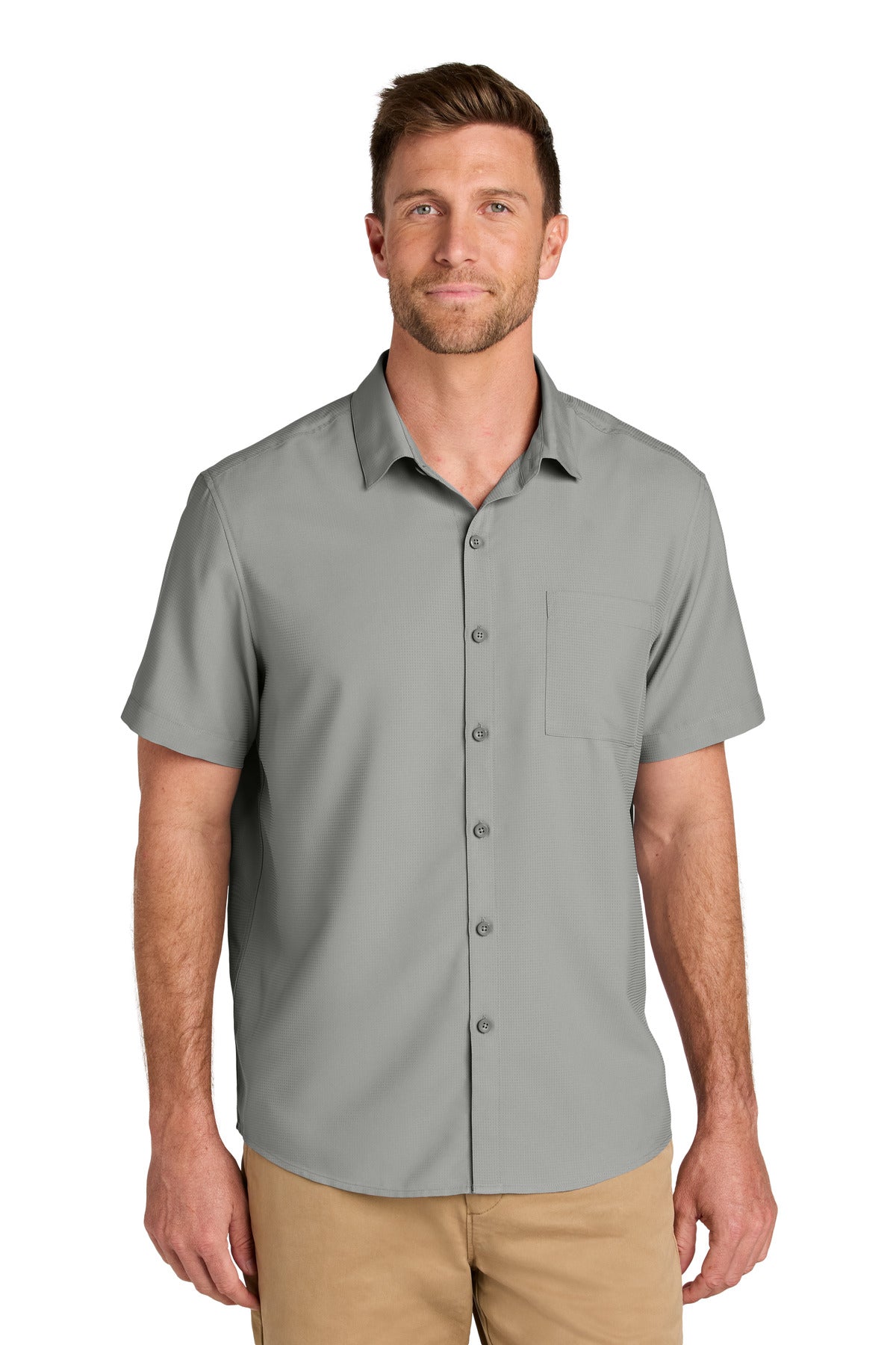 Custom Gusty Grey Short Sleeve UV Dockside Shirt W963, personalized by SanCanDo Swag in Argyle, TX