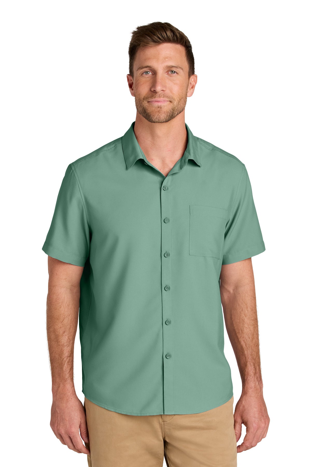 Custom Sage Short Sleeve UV Dockside Shirt W963, personalized by SanCanDo Swag in Argyle, TX
