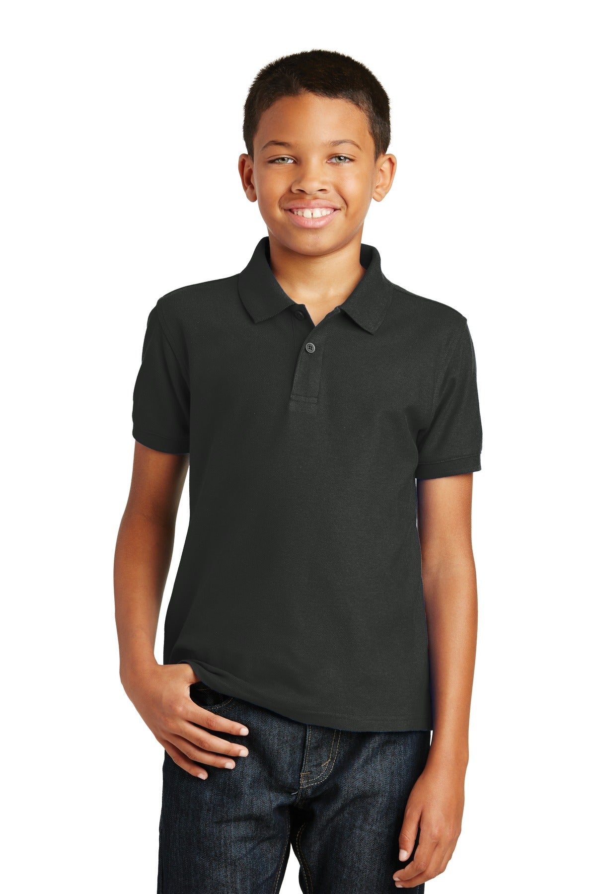 Custom Deep Black Youth Core Classic Pique Polo Y100, personalized by SanCanDo Swag in Argyle, TX