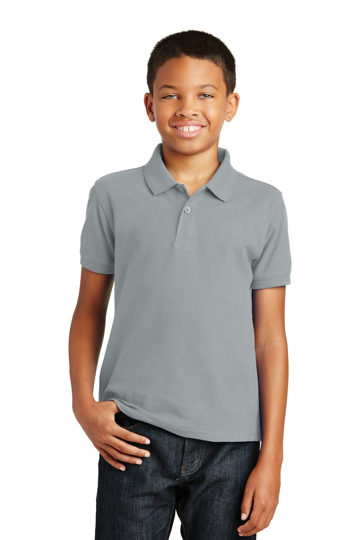 Custom Gusty Grey Youth Core Classic Pique Polo Y100, personalized by SanCanDo Swag in Argyle, TX