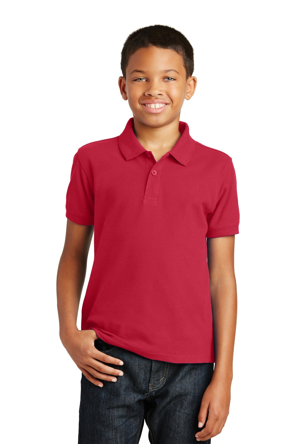 Custom Rich Red Youth Core Classic Pique Polo Y100, personalized by SanCanDo Swag in Argyle, TX