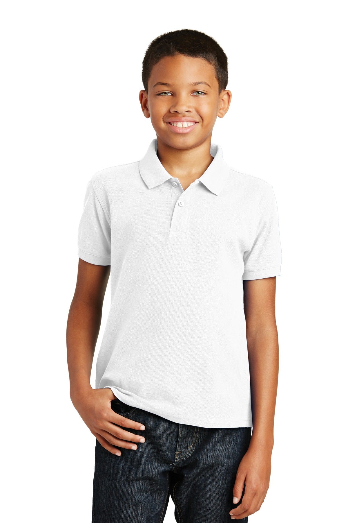 Custom White Youth Core Classic Pique Polo Y100, personalized by SanCanDo Swag in Argyle, TX