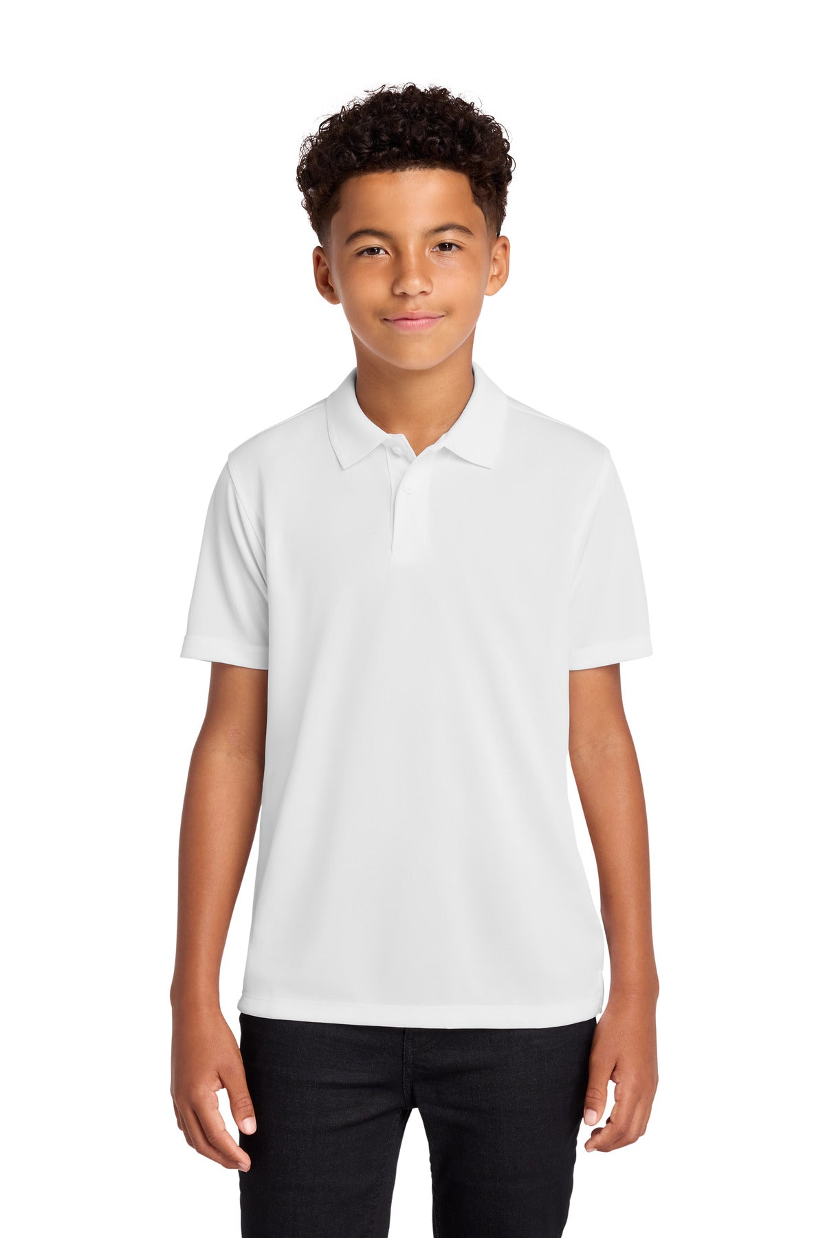 Custom White Youth Dry Zone UV Micro-Mesh Polo Y110, personalized by SanCanDo Swag in Argyle, TX