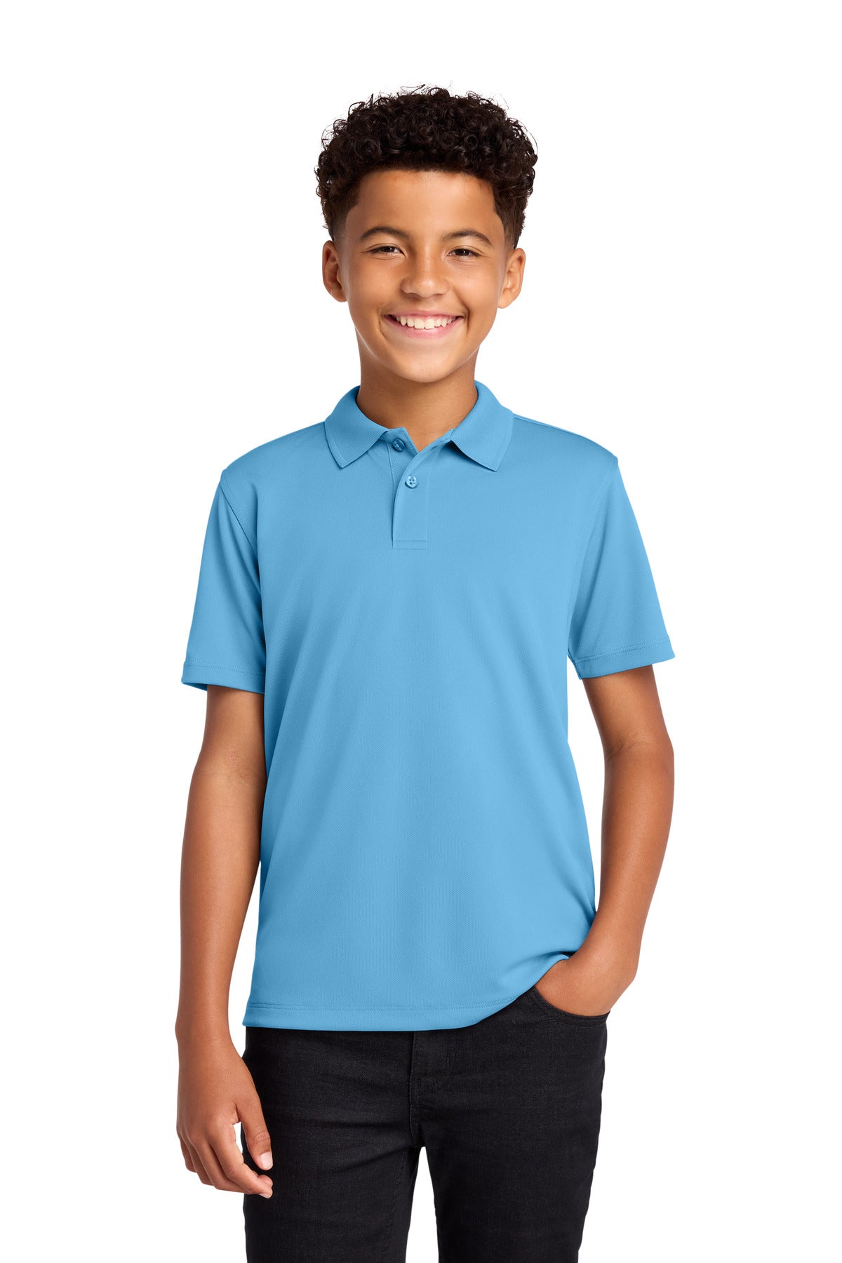 Custom Carolina Blue Youth Dry Zone UV Micro-Mesh Polo Y110, personalized by SanCanDo Swag in Argyle, TX