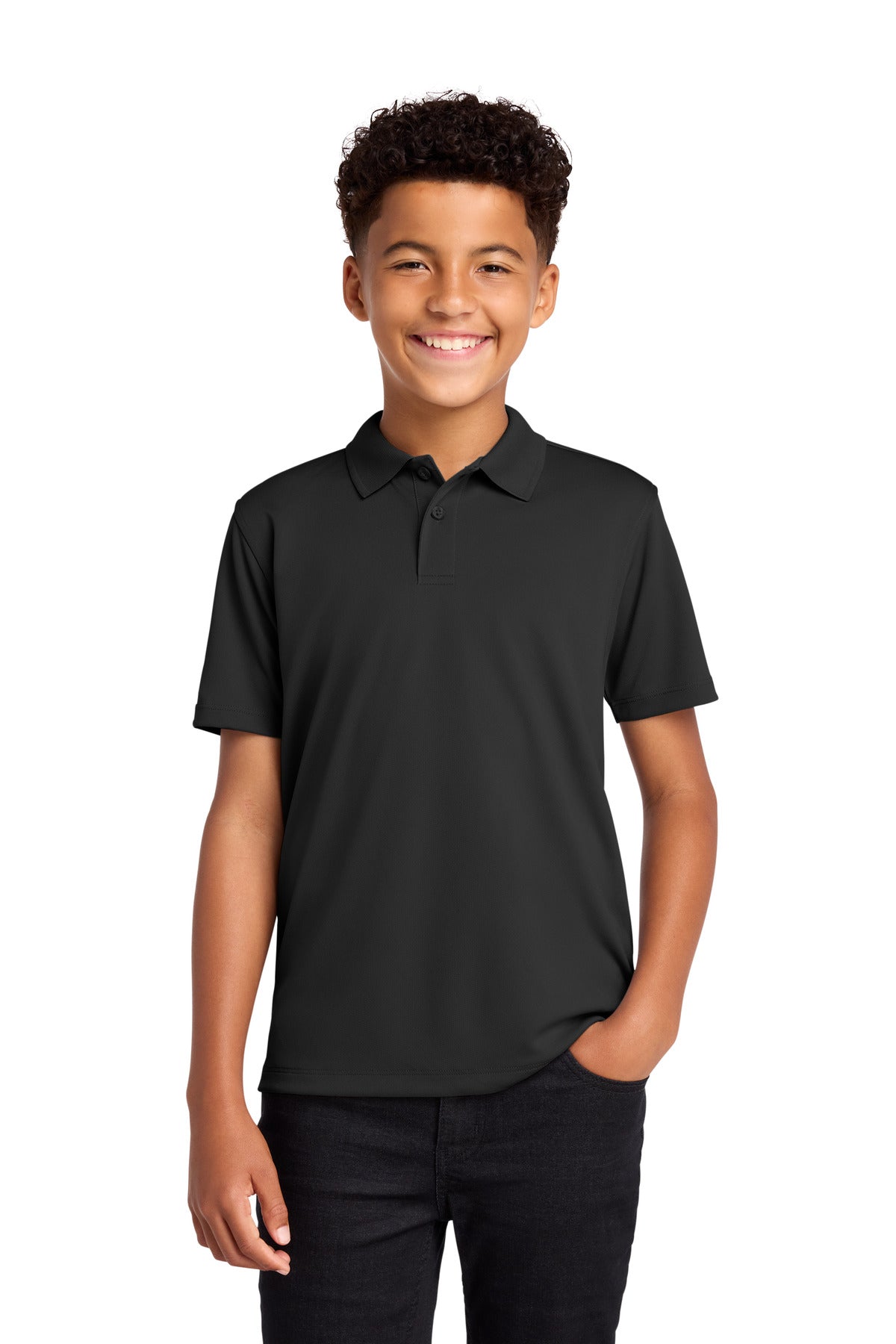 Custom Deep Black Youth Dry Zone UV Micro-Mesh Polo Y110, personalized by SanCanDo Swag in Argyle, TX
