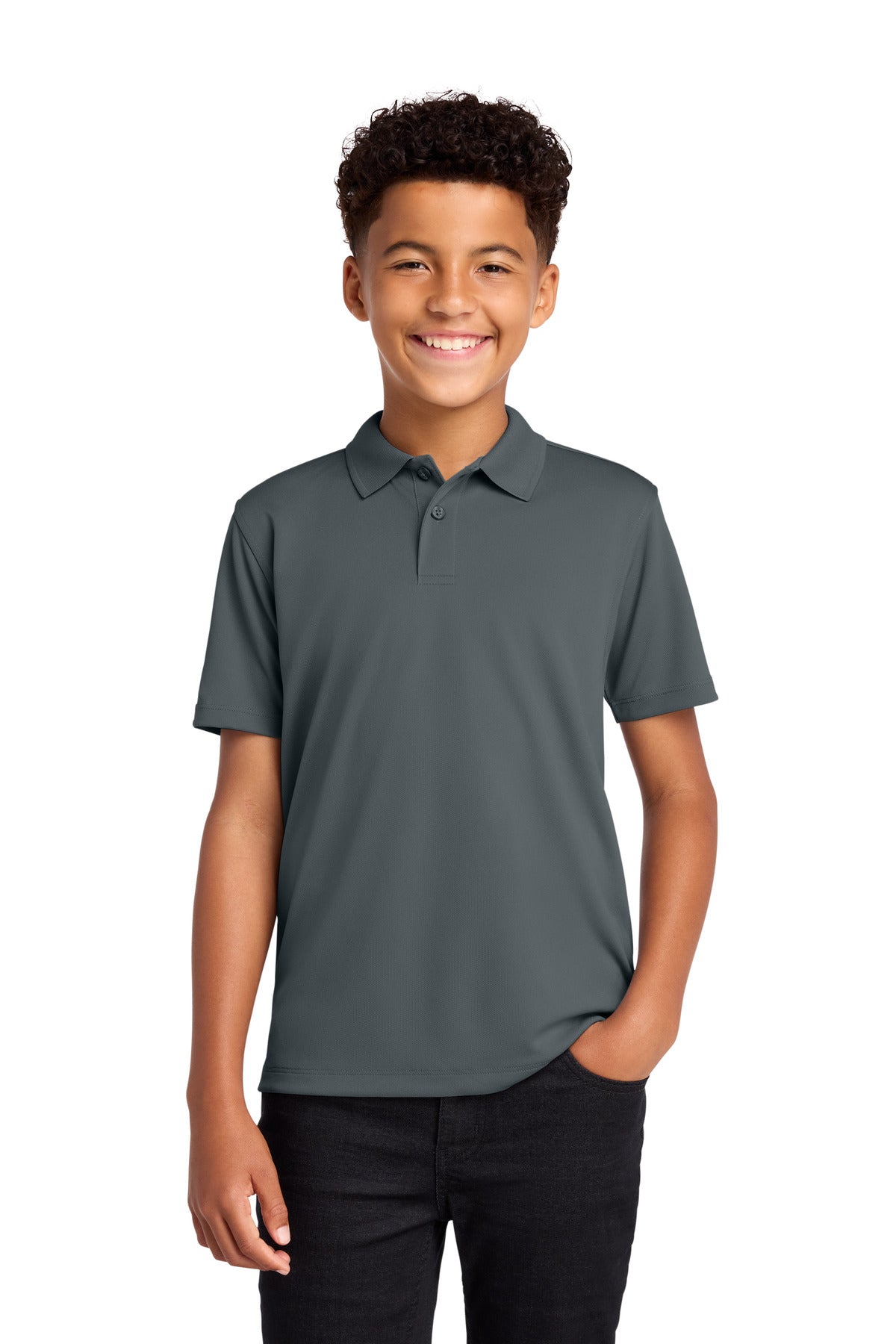 Custom Graphite Youth Dry Zone UV Micro-Mesh Polo Y110, personalized by SanCanDo Swag in Argyle, TX