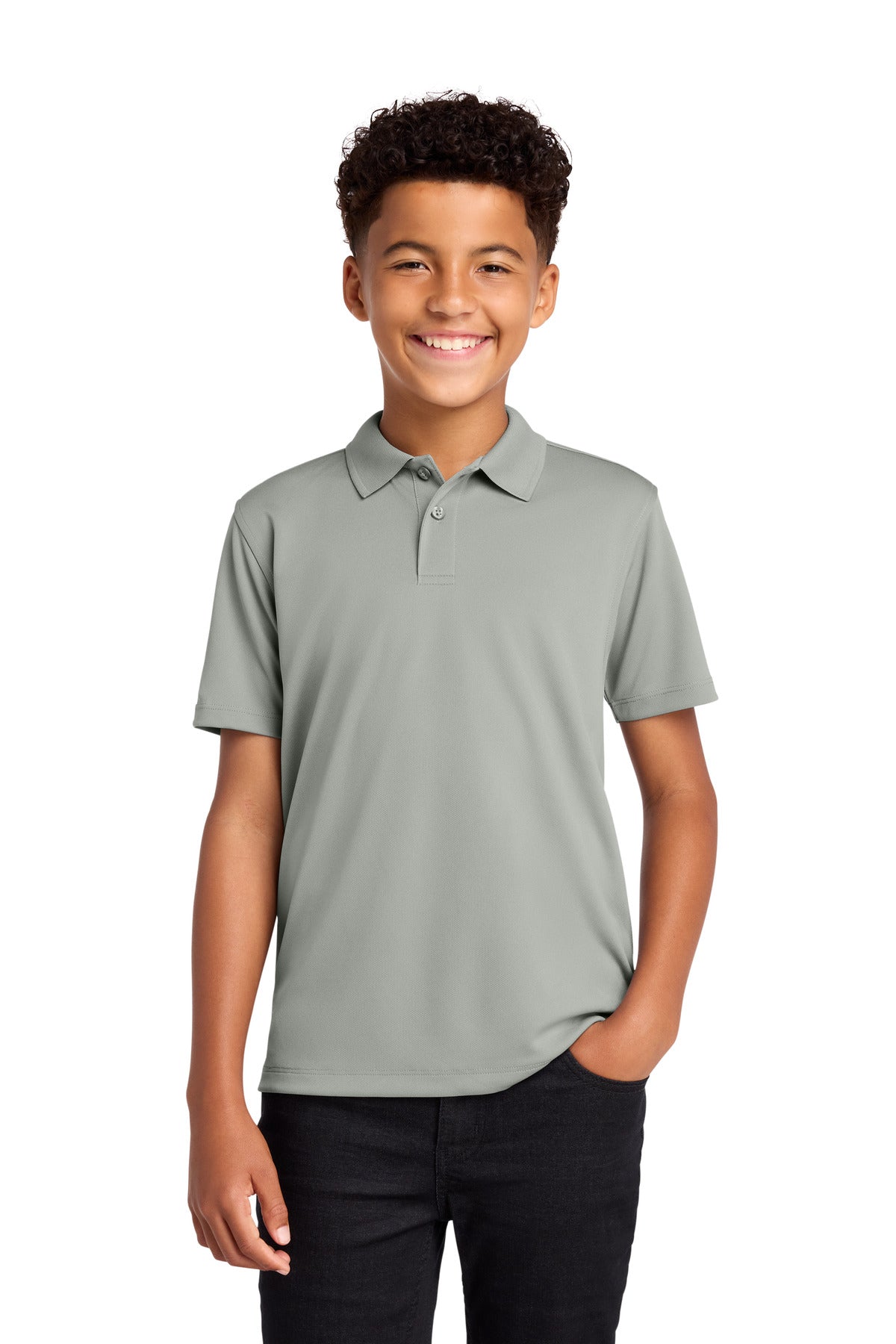Custom Gusty Grey Youth Dry Zone UV Micro-Mesh Polo Y110, personalized by SanCanDo Swag in Argyle, TX