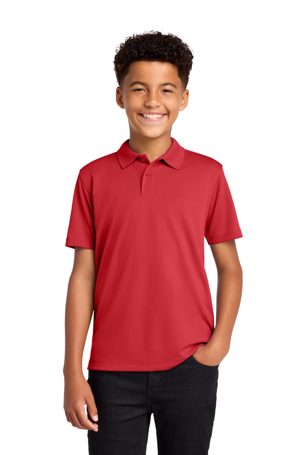Custom Rich Red Youth Dry Zone UV Micro-Mesh Polo Y110, personalized by SanCanDo Swag in Argyle, TX
