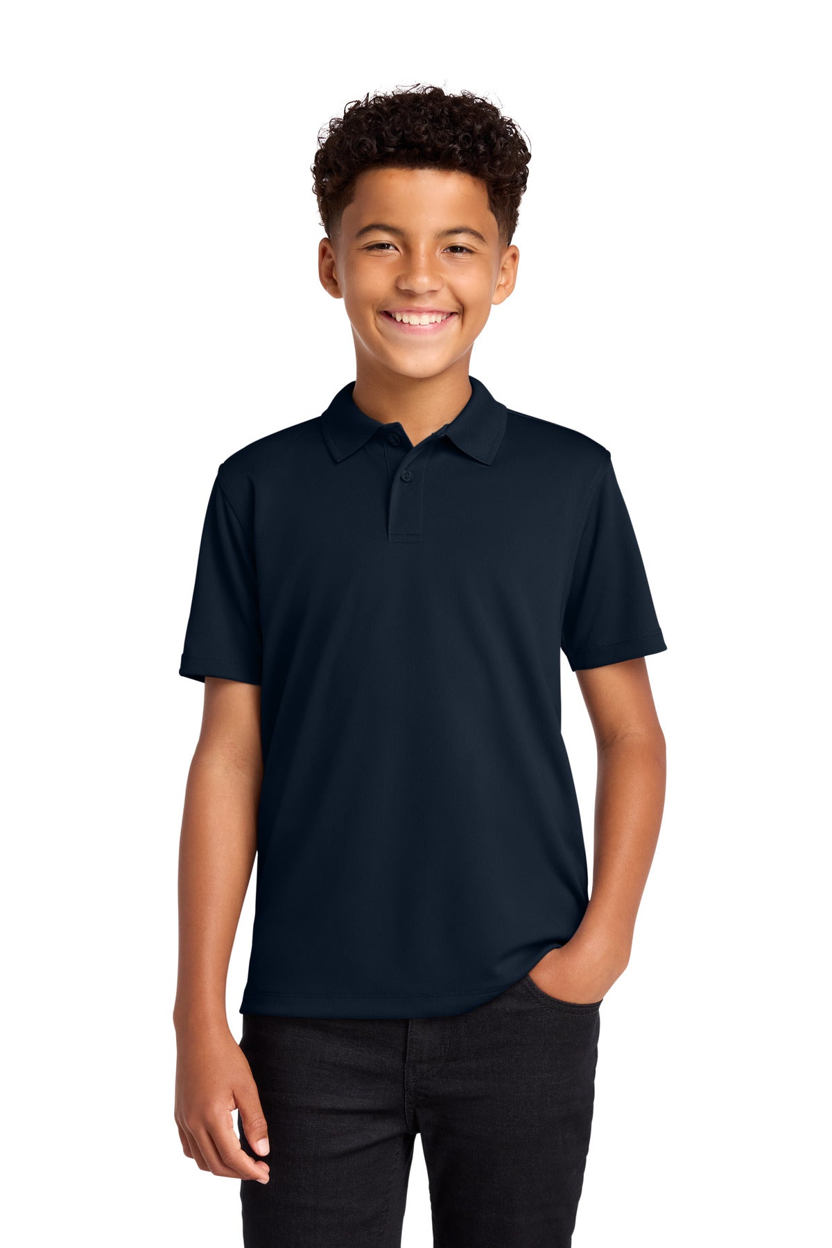 Custom River Blue Navy Youth Dry Zone UV Micro-Mesh Polo Y110, personalized by SanCanDo Swag in Argyle, TX