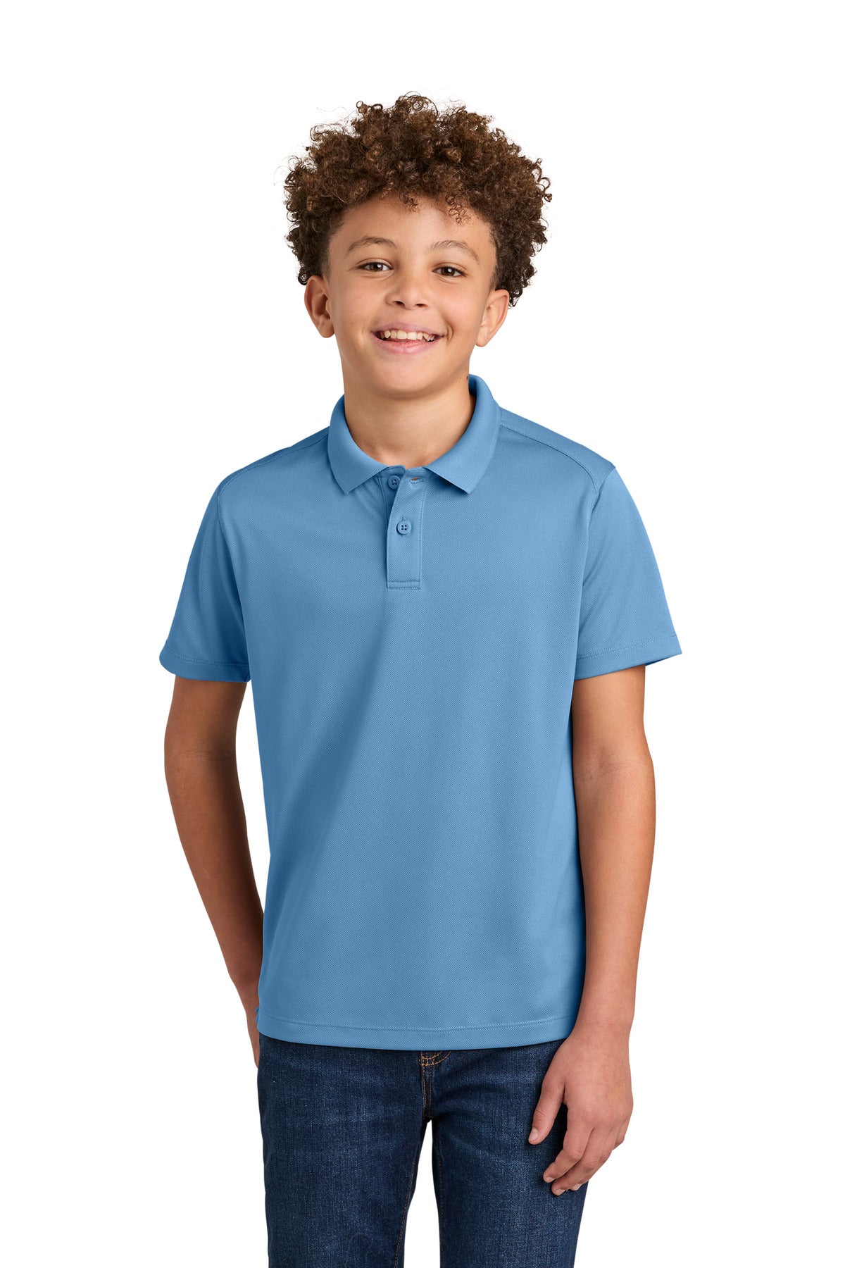 Custom Carolina Blue Youth Wearever Performance Pique Polo Y240, personalized by SanCanDo Swag in Argyle, TX