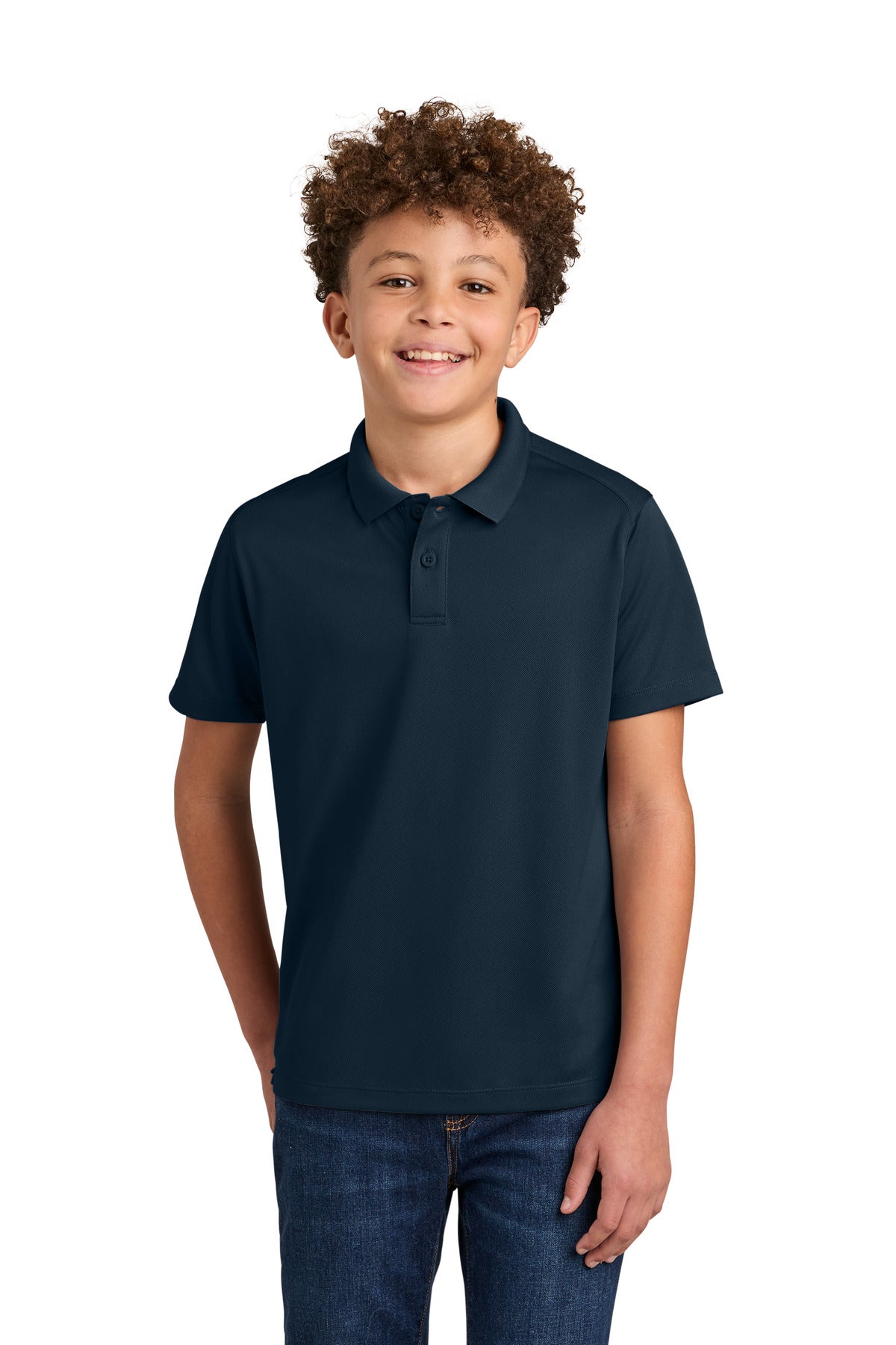 Custom River Blue Navy Youth Wearever Performance Pique Polo Y240, personalized by SanCanDo Swag in Argyle, TX