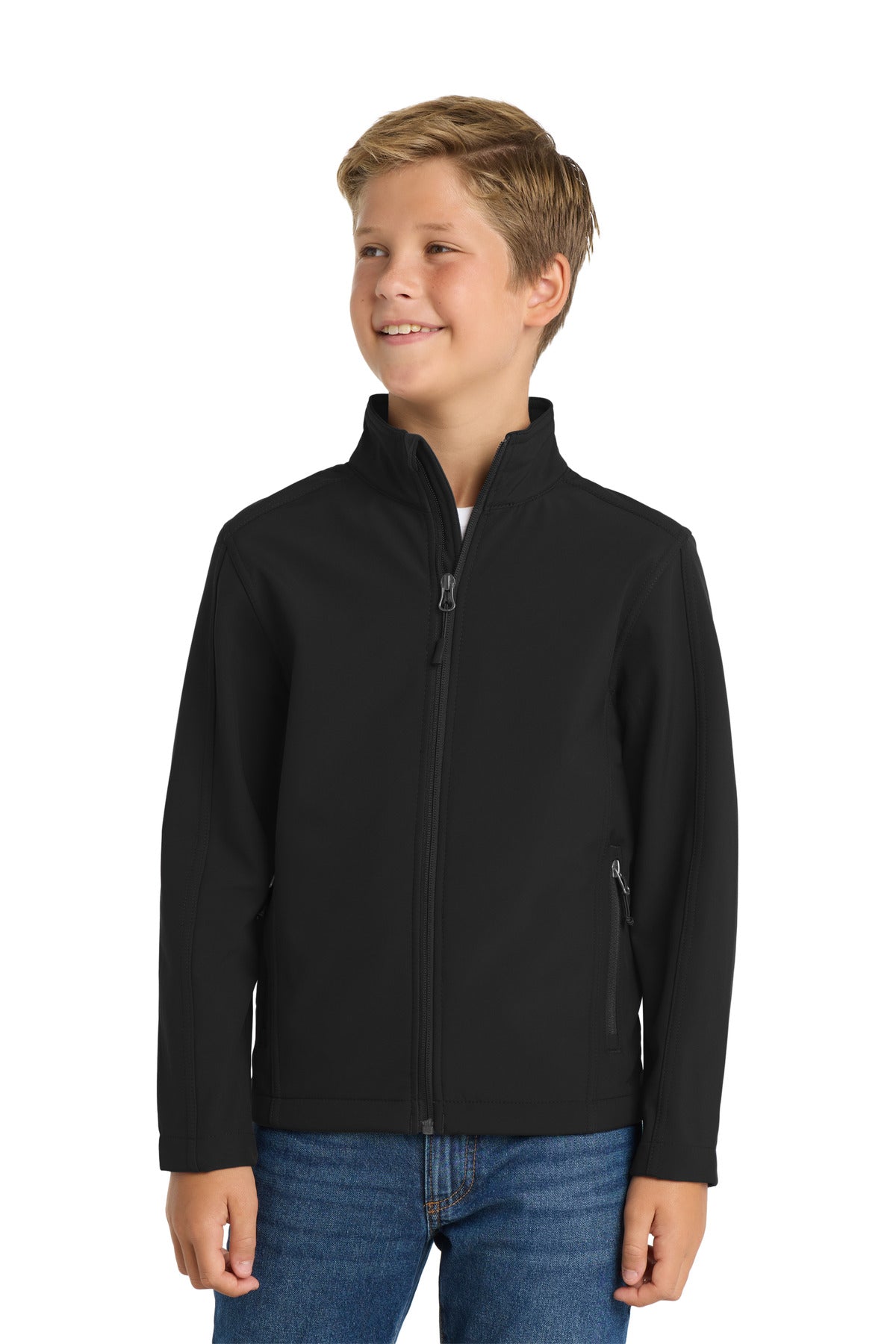 Custom Black Youth Core Soft Shell Jacket Y317, personalized by SanCanDo Swag in Argyle, TX
