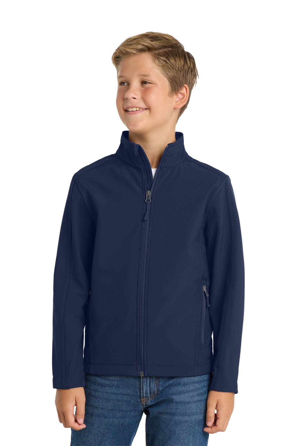 Custom Dress Blue Navy Youth Core Soft Shell Jacket Y317, personalized by SanCanDo Swag in Argyle, TX