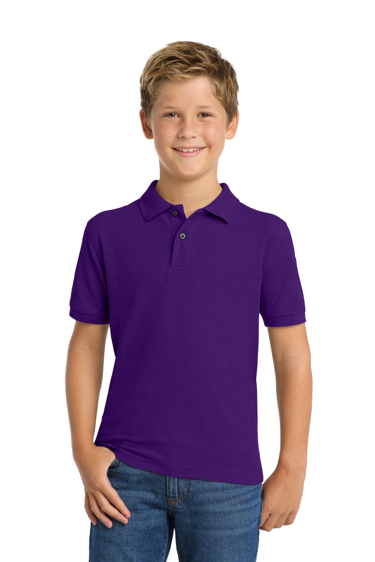 Custom Purple Youth Silk Touch Polo Y500, personalized by SanCanDo Swag in Argyle, TX