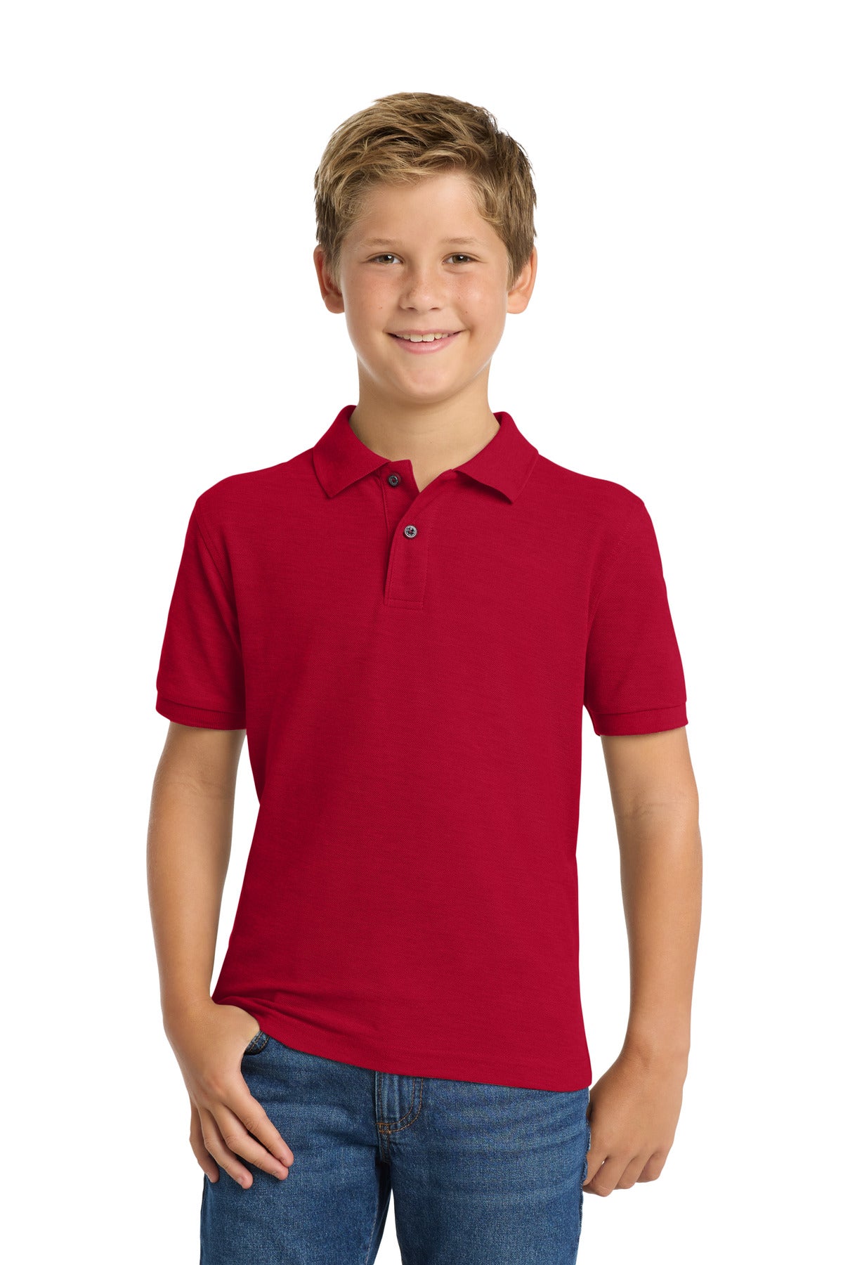 Custom Red Youth Silk Touch Polo Y500, personalized by SanCanDo Swag in Argyle, TX