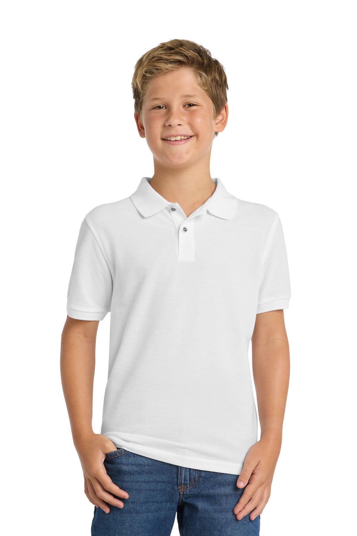 Custom White Youth Silk Touch Polo Y500, personalized by SanCanDo Swag in Argyle, TX