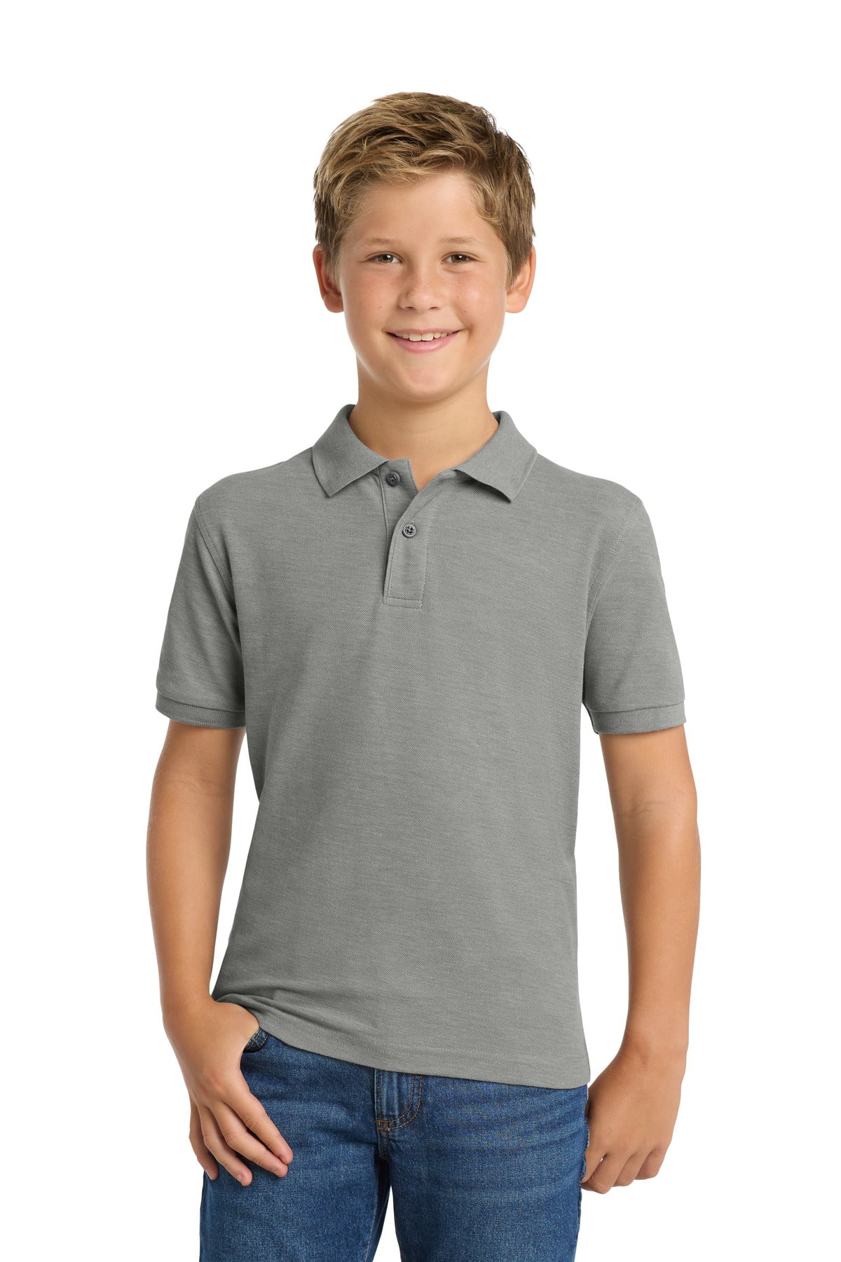 Custom Cool Grey Youth Silk Touch Polo Y500, personalized by SanCanDo Swag in Argyle, TX