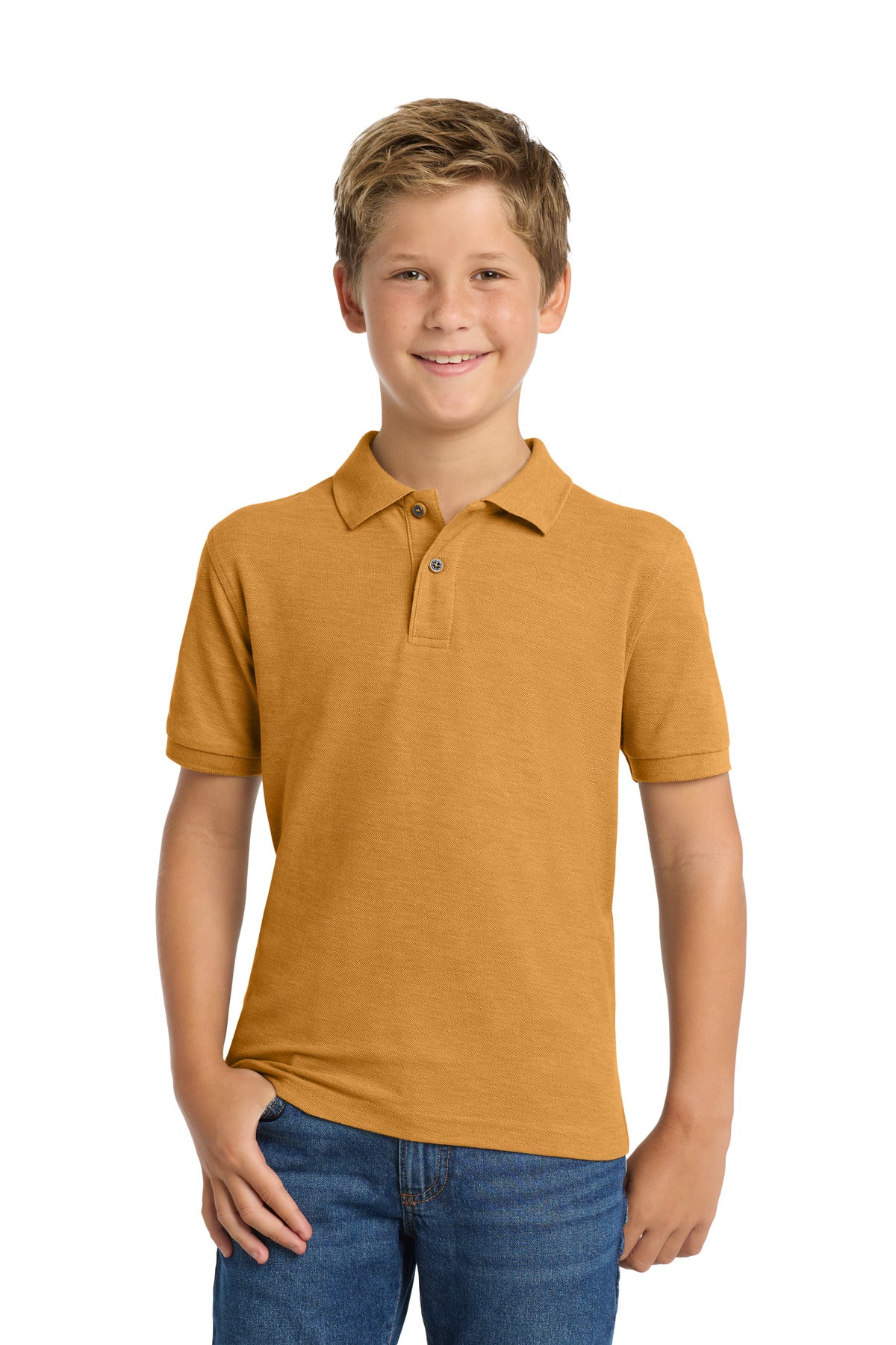 Custom Gold Youth Silk Touch Polo Y500, personalized by SanCanDo Swag in Argyle, TX